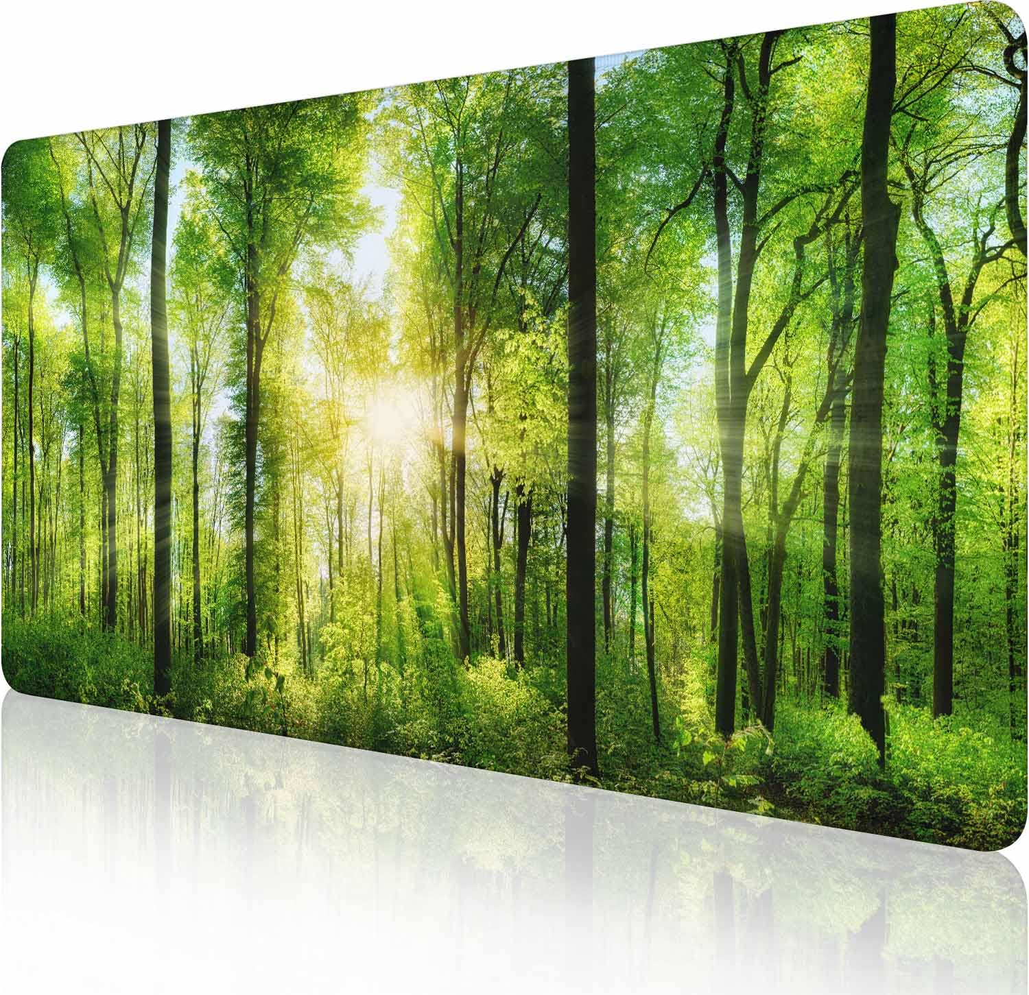 Großes Gaming-Mauspad mit genähten Kanten, Schreibtischunterlage mit Sonnenlicht-Wald, erweiterte Tastaturunterlage, rutschfeste Gummiunterseite, Schreibtischunterlage für Tastatur und Maus, 90 x 40