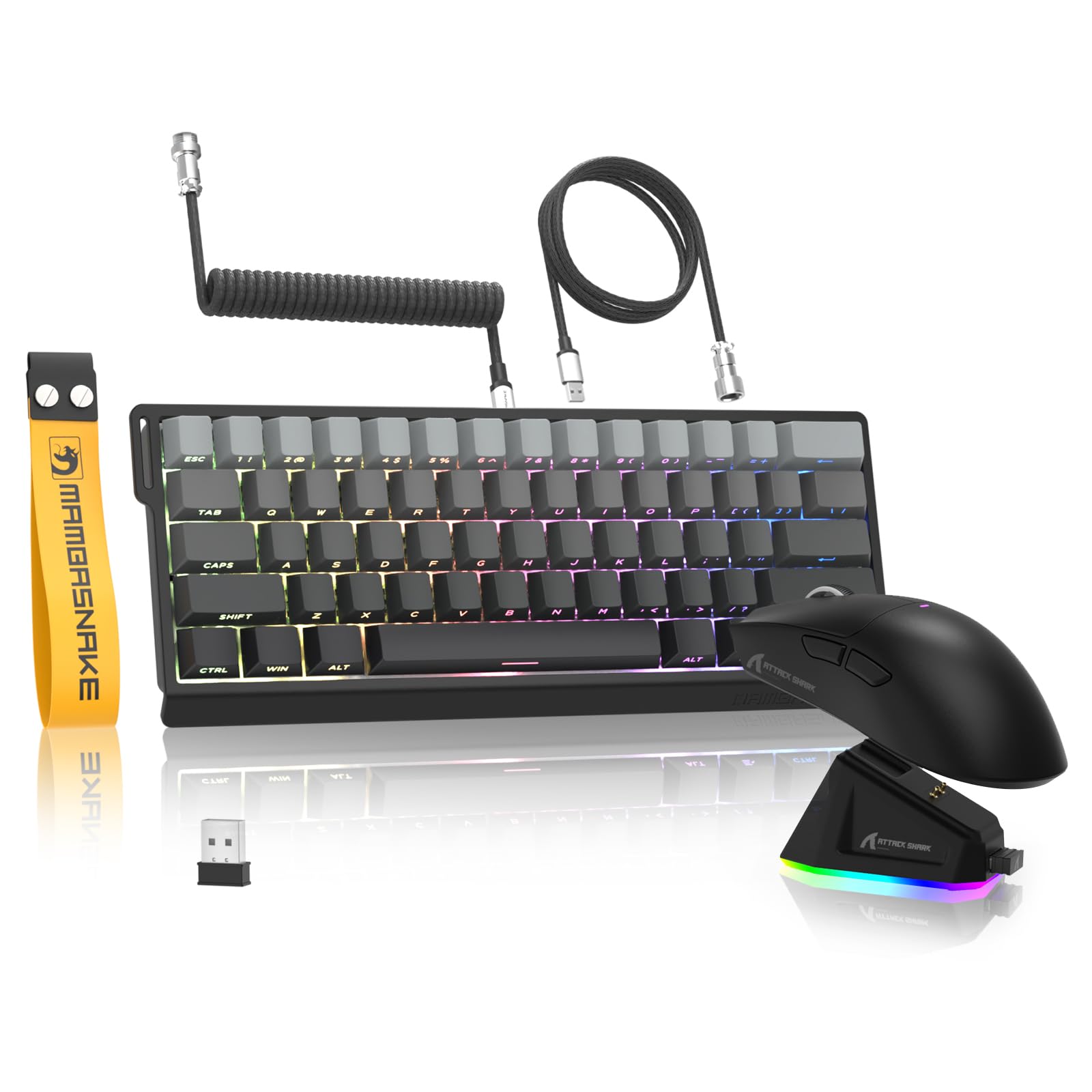 MAMBASNAKE x Attack Shark X60HE Rapid Trigger Kabellose Tastatur & X11 Gaming-Maus mit 8K-Spiralkabel, QWERTY RGB-Tastatur mit 0,01mm RT Magnetschalter, 22K-DPI-PixArt-PAW3311-Sensor Maus - Grau