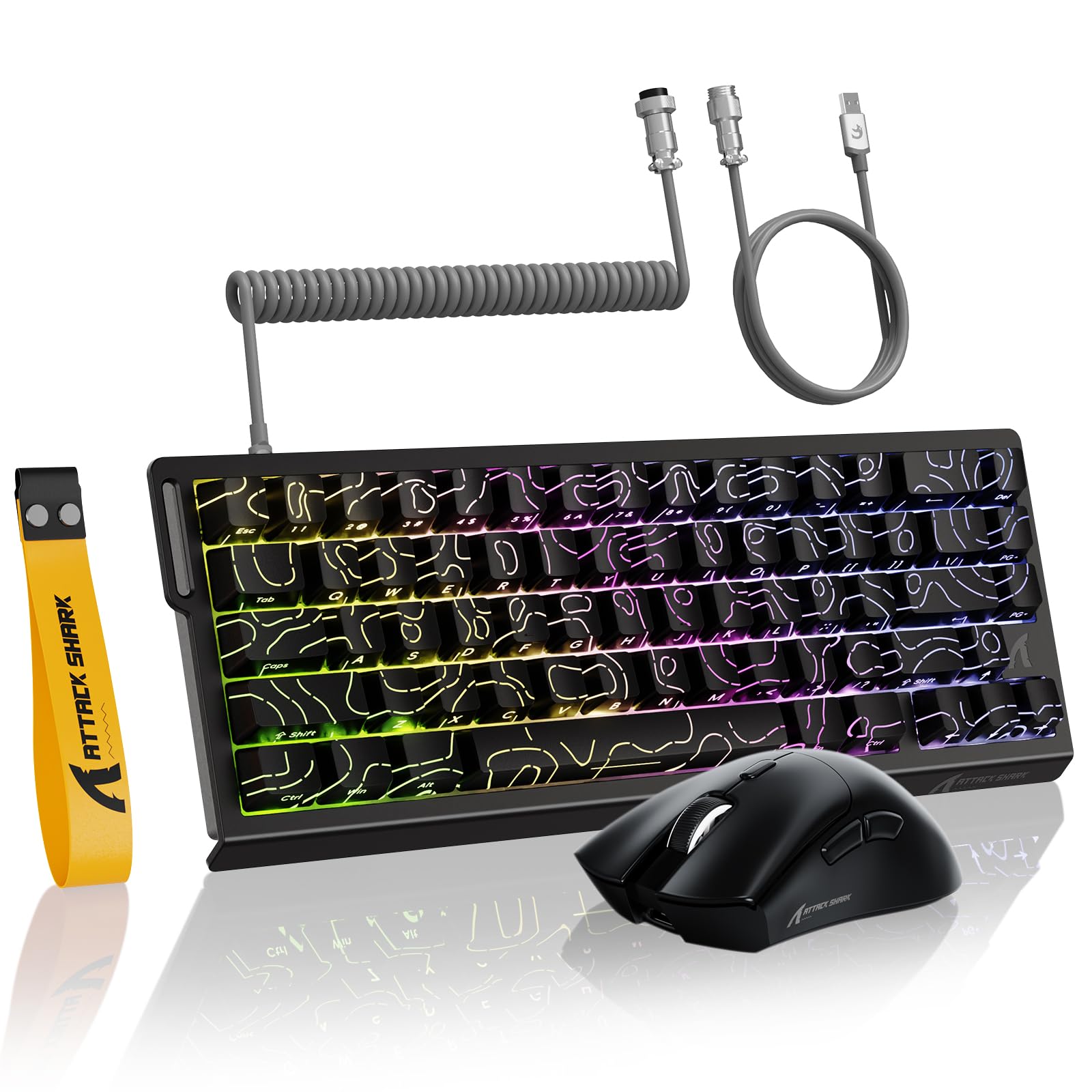 MAMBASNAKE ATTACK SHARK X68 HE Rapid Trigger-Tastatur & R1-Maus & 8KHz-Spiralkabel Kombinationen, 0.01mm RT Accuracy, 8KHz Magnetische Tastatur, R1 Kabellose Gaming-Maus, für PC/Mac–Schwarze Konturen