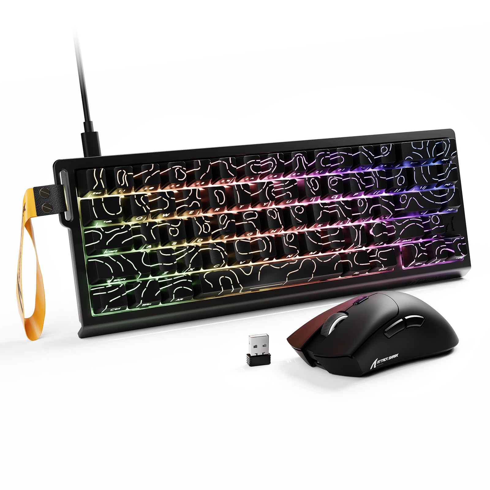 ATTACK SHARK X68 HE & R1 Gaming Tastatur Maus Set, 8000 Hz Rapid Trigger-Kabeltastatur, 0,01mm RT-Genauigkeit, Snap Tap, 59g SUPERLIGHT Kabellose Maus, 18000DPI, Bluetooth/Kabel/2,4G, Schwarz Konturen