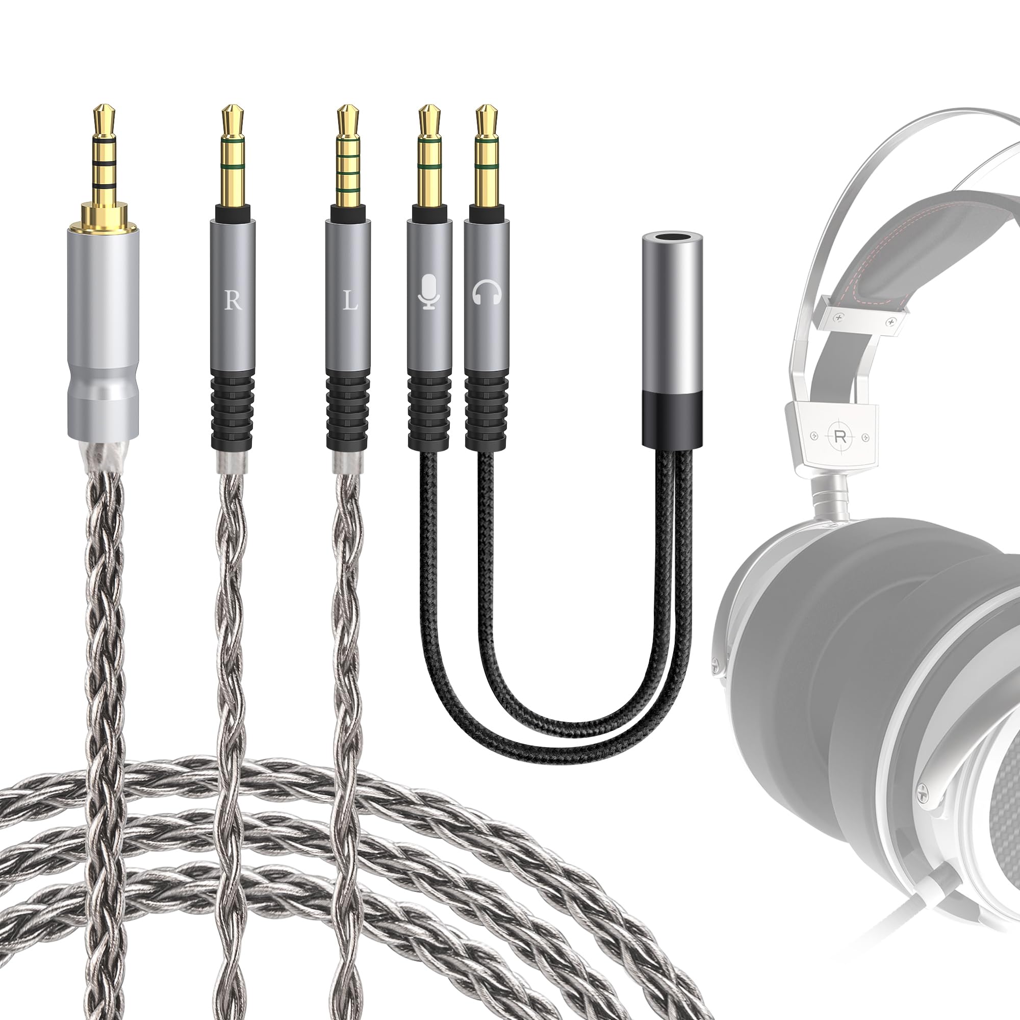 GEEKRIA Apollo Upgrade-Audiokabel aus versilbertem Kupfer, kompatibel mit VZR Model One Audiophile Gaming-Headset, 3,5 mm (1/8 Zoll) auf Dual 3,5 mm Ersatz-Kopfhörerkabel (1,5 m)