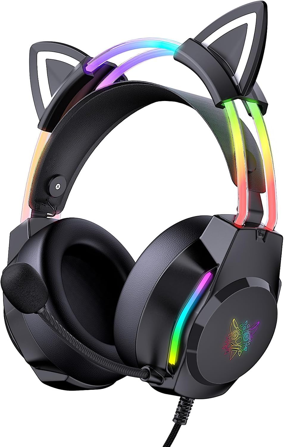 Gaming Headset mit Katzenohren & Mikrofon – RGB-Regenbogenbeleuchtung & 7.1 Virtual Surround Sound – 3,5-mm-kabelgebundene Over-Ear-Kopfhörer für PC/PS4/PS5/Xbox/Switch (Ergonomisches Design)