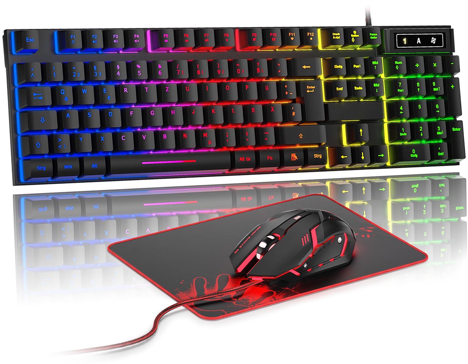 Gaming Tastatur und Maus Set, QWERTZ DE Layout, RGB Hintergrundbeleuchtete Kabelgebundene Tastatur, Ergonomische 4 Farbige LED Gaming Maus, Großes Mauspad, USB Plug & Play für PC PS4 Xbox