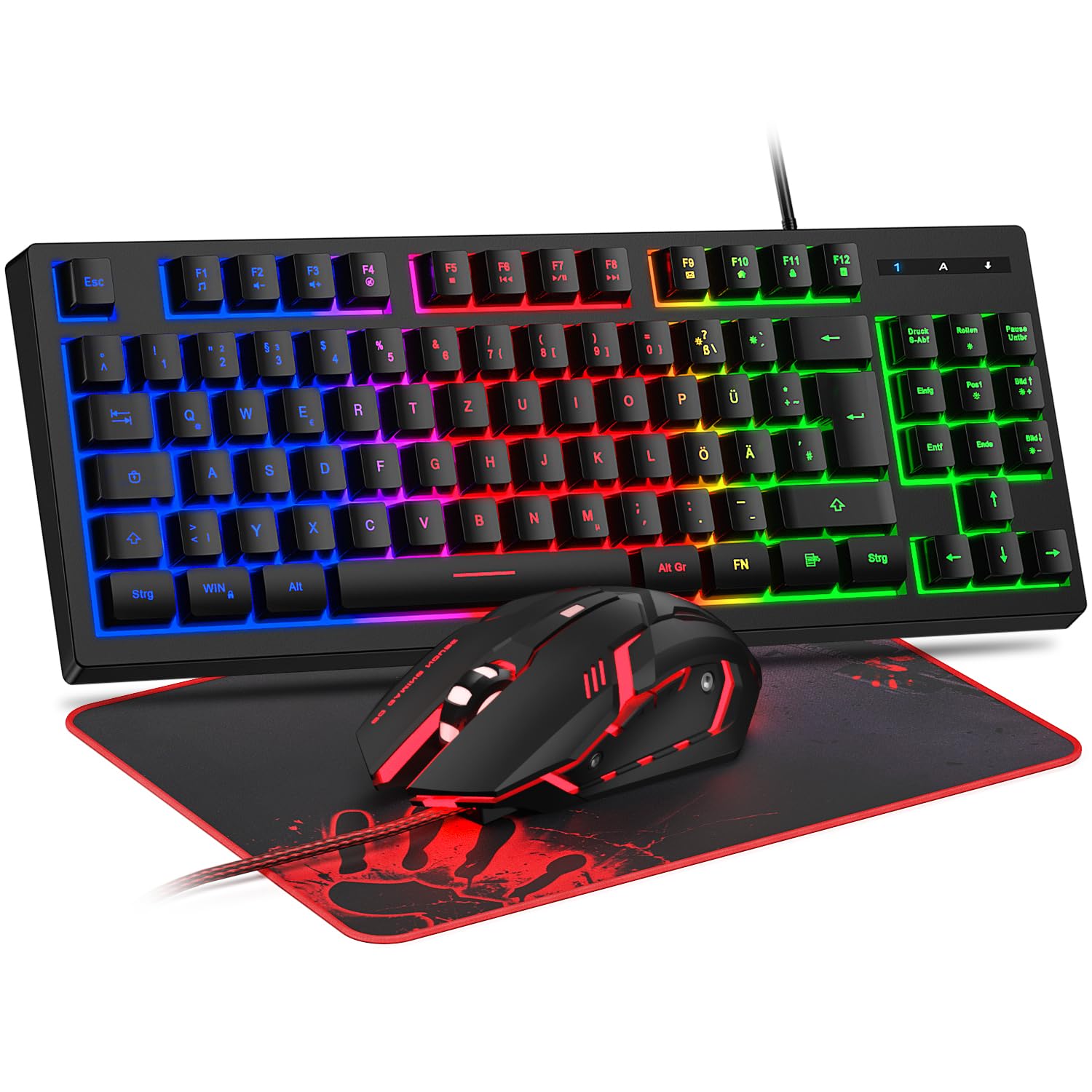 Gaming Tastatur und Maus Set, QWERTZ DE Layout, 75% TKL, RGB Hintergrundbeleuchtete Kabelgebundene Tastatur, Ergonomische 4 Farbige LED Gaming Maus, Großes Mauspad, USB Plug & Play für PC