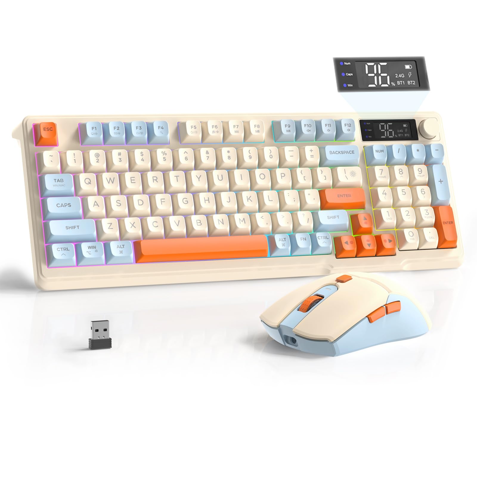 FREEWOLF T96 Kabellose Tastatur und Maus, Bluetooth & 2.4G,PBT-Tastenkappen, QWERTY, Medienrad, Display, Leise Tasten, Anti-Ghosting, Wiederaufladbar(Blaubeere)