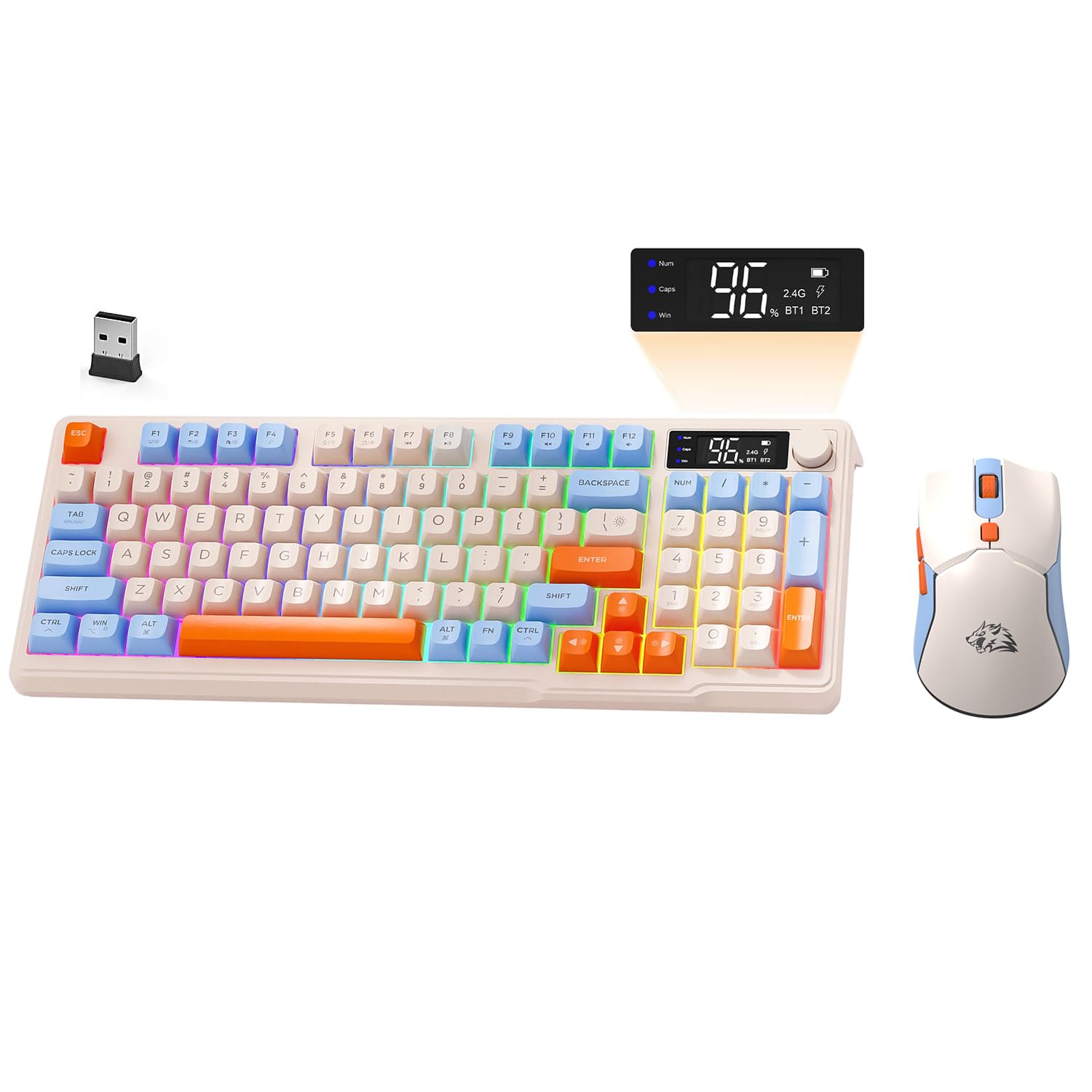 ZIYOU LANG×FREEWOLF T96 Kabelloses Gaming-Tastatur- und Maus-Set, BT/2,4 GHz, Smart Display und Knopf, Regenbogen-Hintergrundbeleuchtung, Aufladbare QWERTY-Tastatur,Drahtlos ComputerMaus – Blaubeere