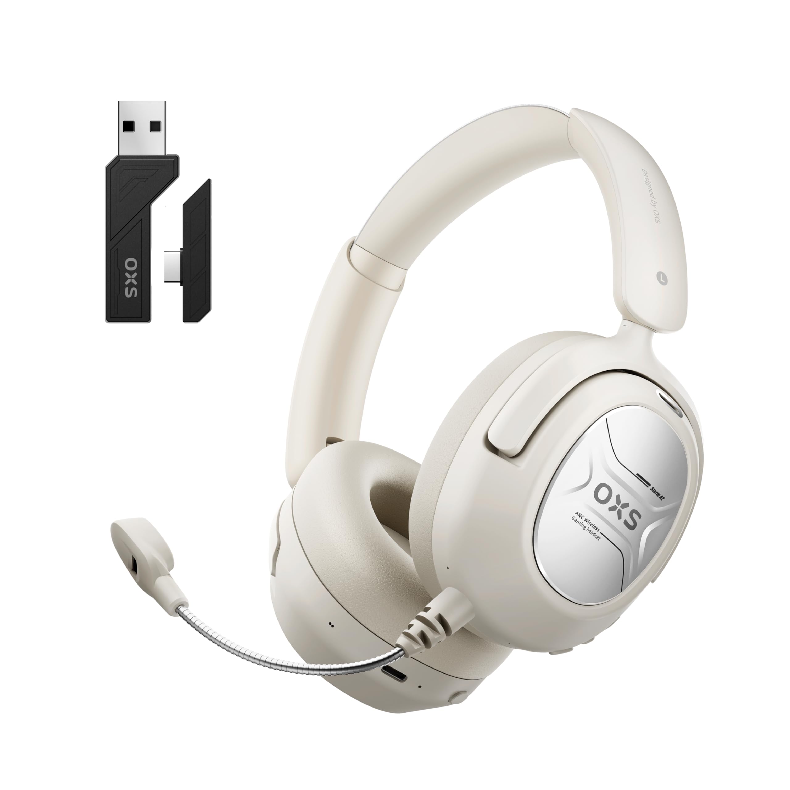 OXS Storm A2 kabelloses Gaming-Headset, Aktive Geräuschunterdrückung, 2,4 GHz Niedrige Latenz & Bluetooth 5.4, Duale EQ-Modi, 70 Stunden Akkulaufzeit, für PC, PS4, PS5, Switch und Handy, Weiß
