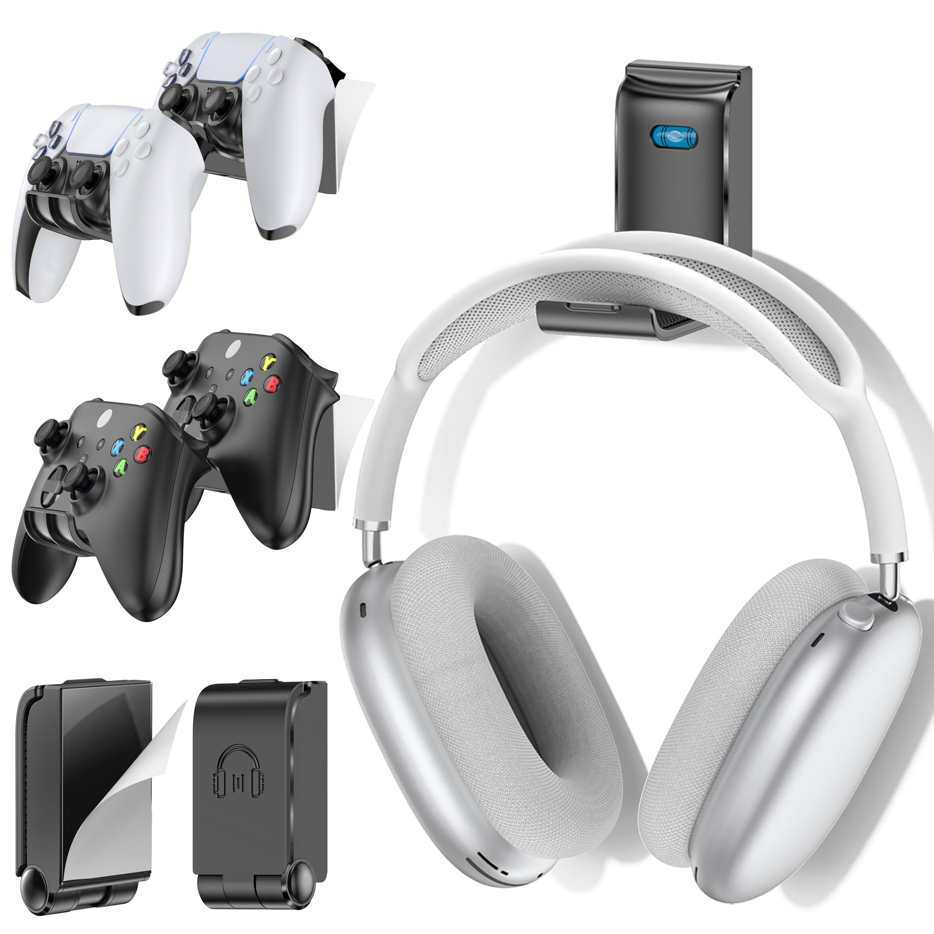 Kytok Gaming Zubehör Controller & Kopfhörer Halterung, 4 Controller Wandhalterung mit Headset Halter, universeller Controller Wall Mount mit Aufhängehaken für Xbox, PS5/PS4, Switch, schwarz, 2er-Pack