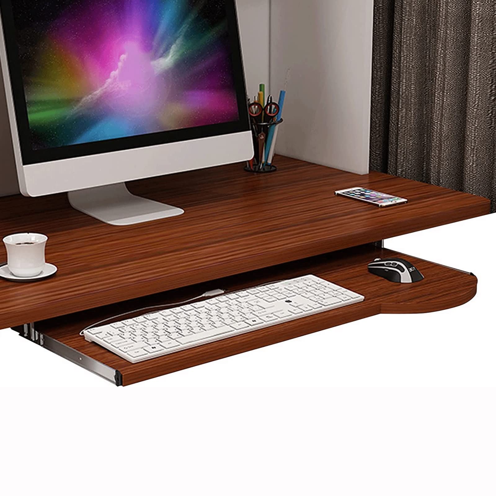 Ergonomische Holz-Tastaturablage unter dem Schreibtisch, verstellbare Schiebeablage für Tastatur und Maus, Teak-Finish, Schreibtischverlängerung, 70 x 26 cm, perfekt für Home Office und Gaming