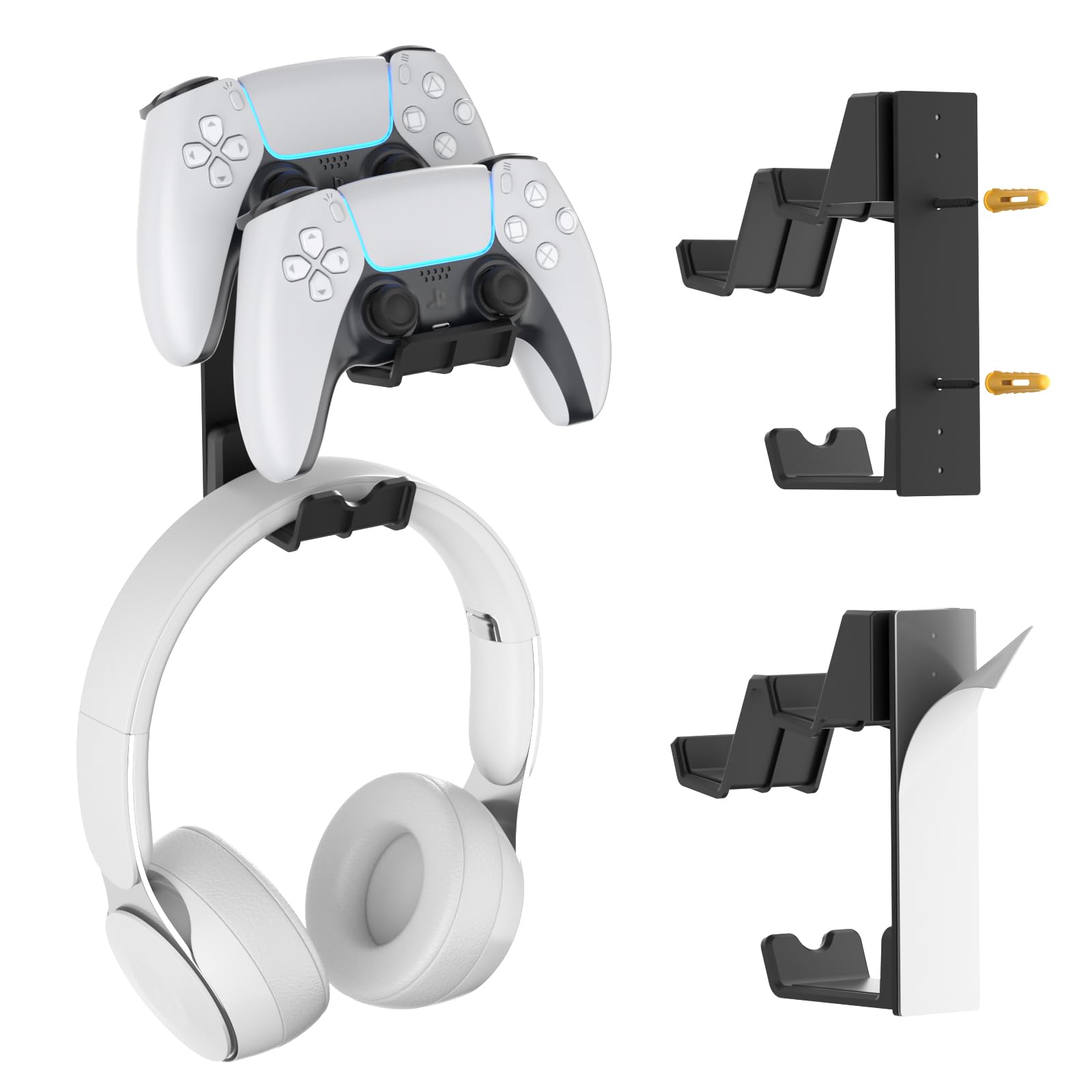 KDD Gaming Headset Halterung Wand & 2 Controller Wandhalterung mit Selbstklebend/Schraub, Universal Kopfhörer Ständer Haken für Alle Headset Gamepad Xbox Series X/S PS5/4/3 Switch STEAM Gaming Zubehör
