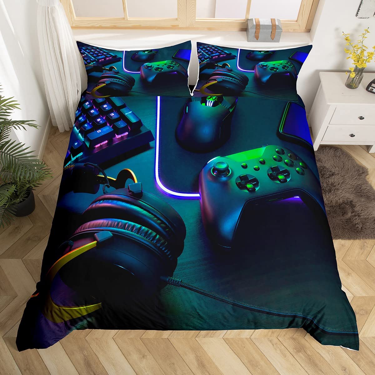 Loussiesd Gamer Kinder Bettwäsche Set 155x220cm für Jungen Spiel Kopfhörer Tastatur Bettwäsche Betten Set Maus Gamepad Bettbezug Schwarz Grün Gaming, Leicht Mikrofaser, Reversible
