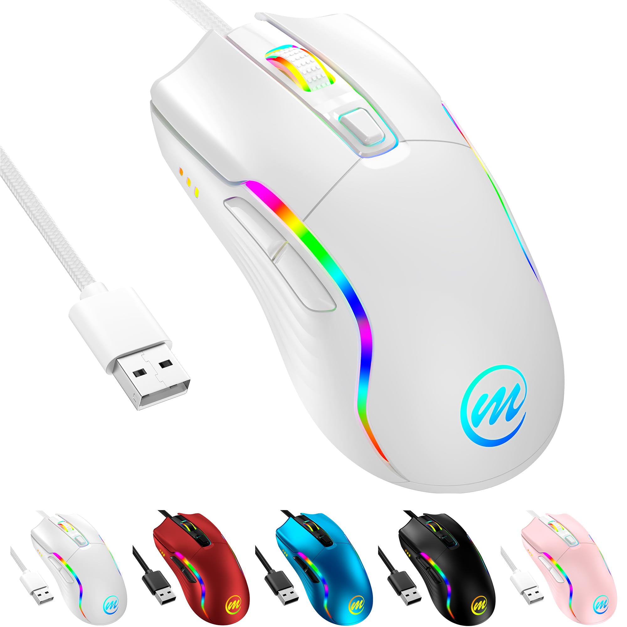 memzuoix Gaming Maus mit Kabel und LED-Lichtern – 12.800 DPI einstellbar, 6 Tasten, 12 RGB-Modi, Ergonomisches Rutschfestes Scrollrad – Kompatibel mit Windows/Mac