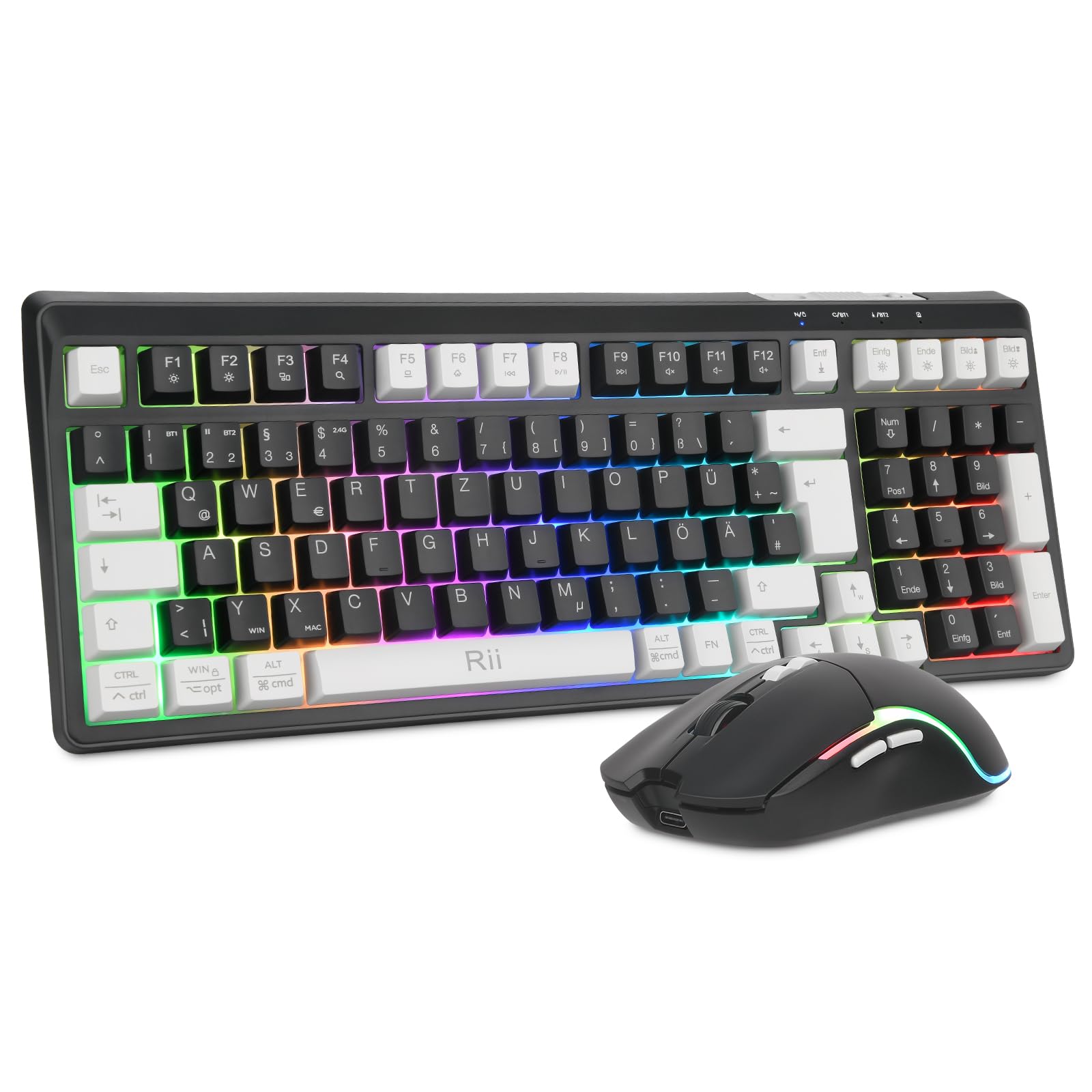 Rii Maus und Tastatur Kabellos Gaming, Tastatur Maus Set, Bluetooth + 2,4GHz Verbindung, LED-Hintergrundbeleuchtung, Wiederaufladbare, QWERTZ
