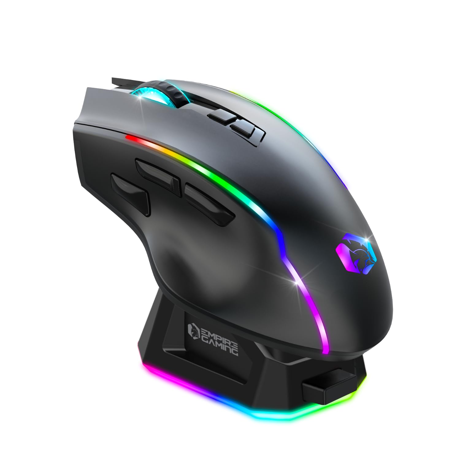 EMPIRE GAMING RF908 – kabellose Maus, wiederaufladbar, magnetische Ladestation, RGB – 10.000 dpi, 8 programmierbare Tasten, WiFi 2,4 GHz / BT / USB-C (schwarz)