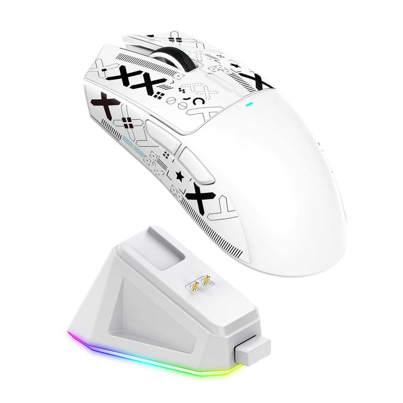 Kabellose Gaming Mouse mit Tri-Mode Magnetischer Ladestation 22000 DPI Einstellbare PU Aufkleber PAW3311 Sensor Seitentasten für PC Laptop Arbeit Büro