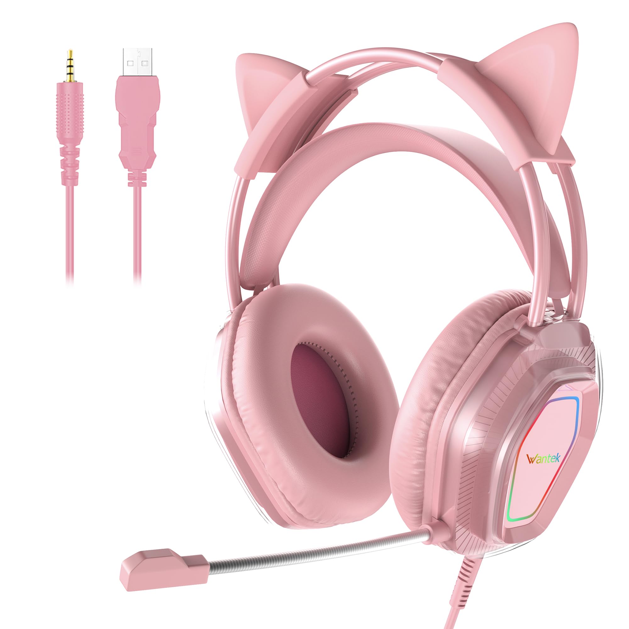 Wantak Katzenohr Kopfhörer mit Mikrofon – Kabel (3,5mm/USB) – Gaming Headset für PC/PS5/Xbox – Noise Cancelling, HiFi-Sound, 20-20.000Hz – Leicht & Bequem für Frauen/Mädchen (Pink)