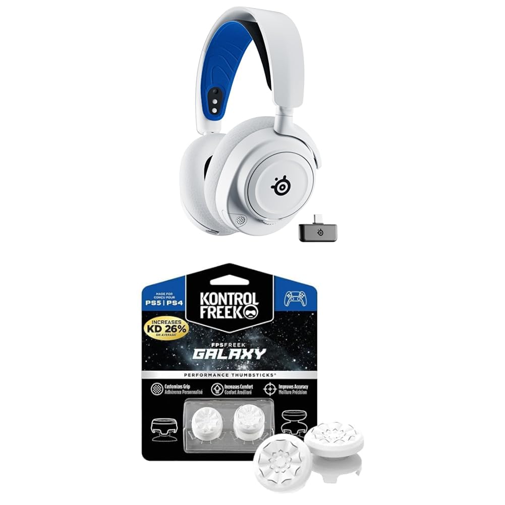 SteelSeries Arctis Nova 7P Wireless PlayStation Gaming-Headset - 2,4 GHz & Mischbarer Bluetooth-Sound + KontrolFreek FPS Freek Galaxy White für PlayStation (PS4/PS5) - Performance Thumbsticks