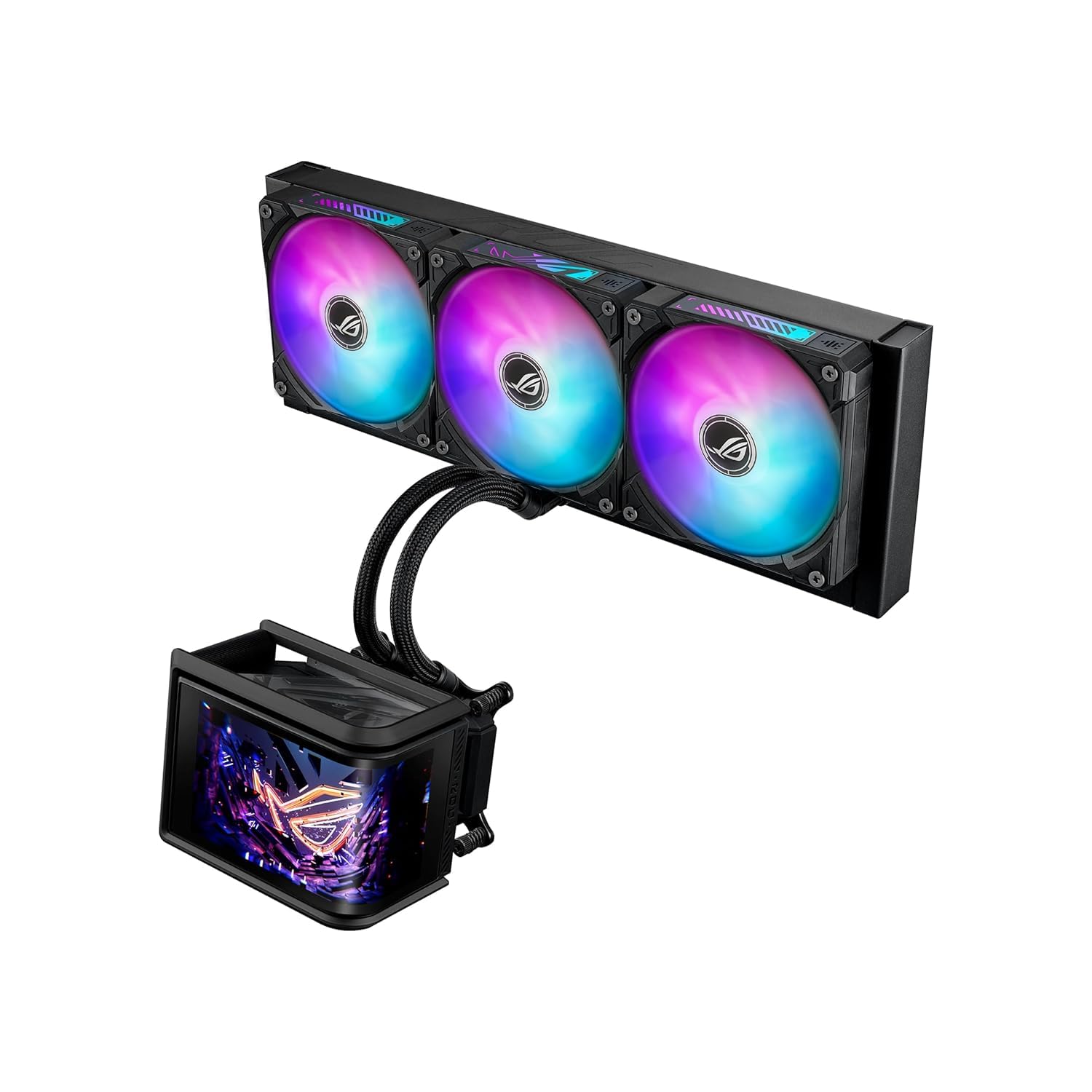 ASUS ROG Ryuo IV SLC 360 ARGB All-in-One-CPU-Wasserkühlung (6,67-Zoll-AMOLED-Display, unterstützt 3D-Videos, 200mm-Schläuche, 3X Daisy-Chain-Lüfter, für Intel LGA 1851, 1700, AMD AM5, AM4)