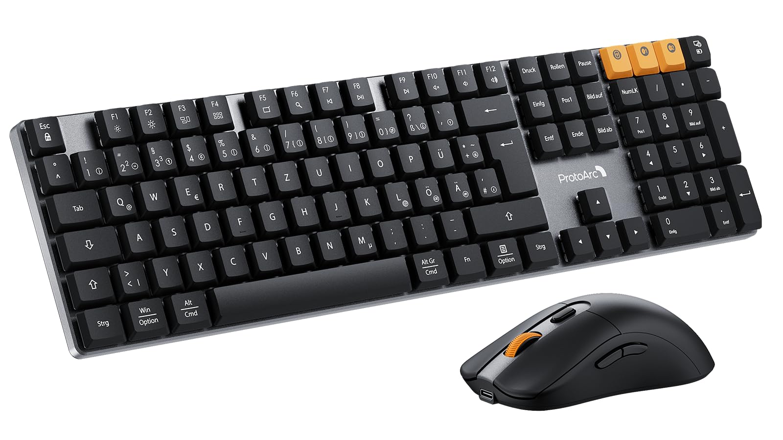 ProtoArc Mechanische Tastatur Maus Set Kabellos, KM310 Full-Size Wiederaufladbare Funktastatur Maus, 2,4 G+Dual Bluetooth, Rotem Schalter, Multi-Gerät, QWERTZ Layout, für Windows/Mac - Space Grau