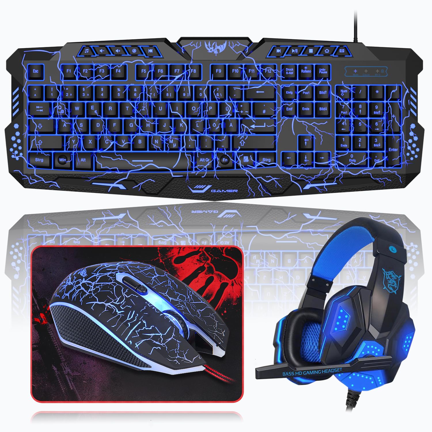Gaming Tastatur und Maus Set mit Headset, QWERTZ DE Layout, Crack Beleuchtete Tastatur, 4 Farben LED Gaming Maus, Over-Ear Kopfhörer, Große Mausmatte, 4 in 1 PC Set für Mac PS5 Xbox