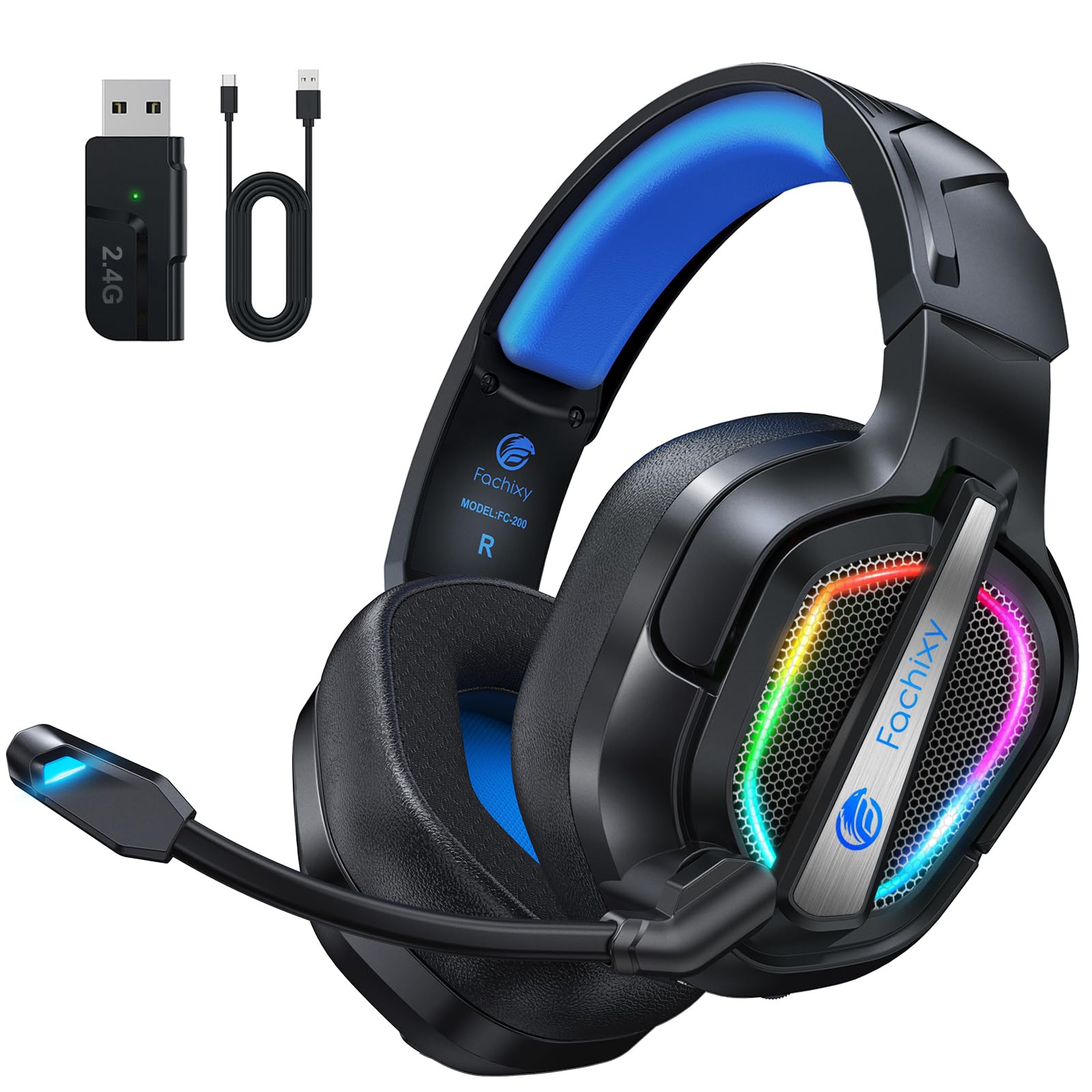 Fachixy FC200 Wireless Gaming Headset, 2.4GHz Bluetooth 5.4 Headset mit Mikrofon für PS5, PS4, PC, Switch, Gaming Kopfhörer Kabellos, Geringe Latenz Noise Cancelling, mit LED Licht, 50H Akkulaufzeit