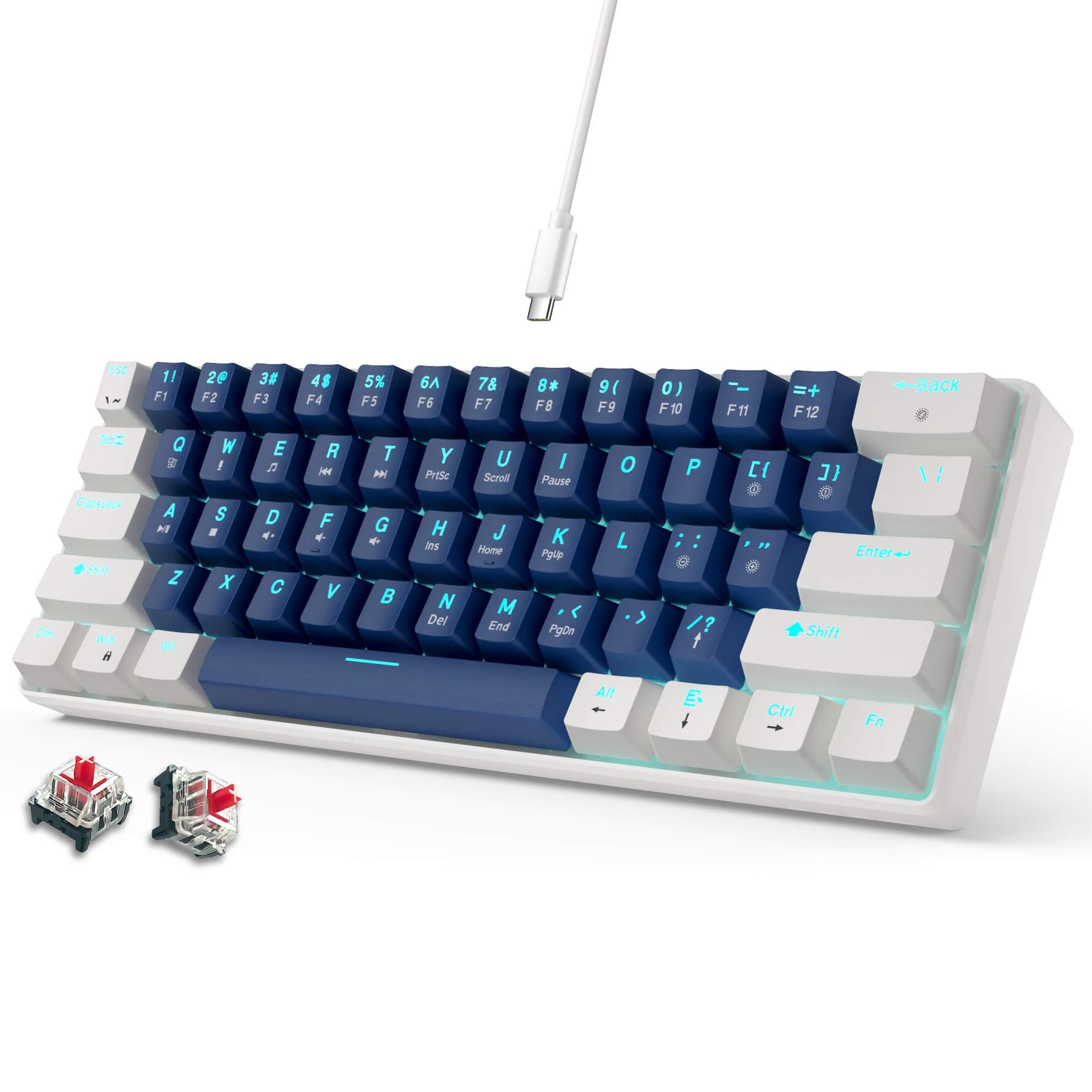 abucow 60% Mechanische Gaming-Tastatur mit Roten Schaltern, Kabelgebundene Kompakte Tastatur, Anti-Ghosting, Keine Tasten-Konflikte, 61 Austauschbare Tastenkappen, Ergonomisches Design