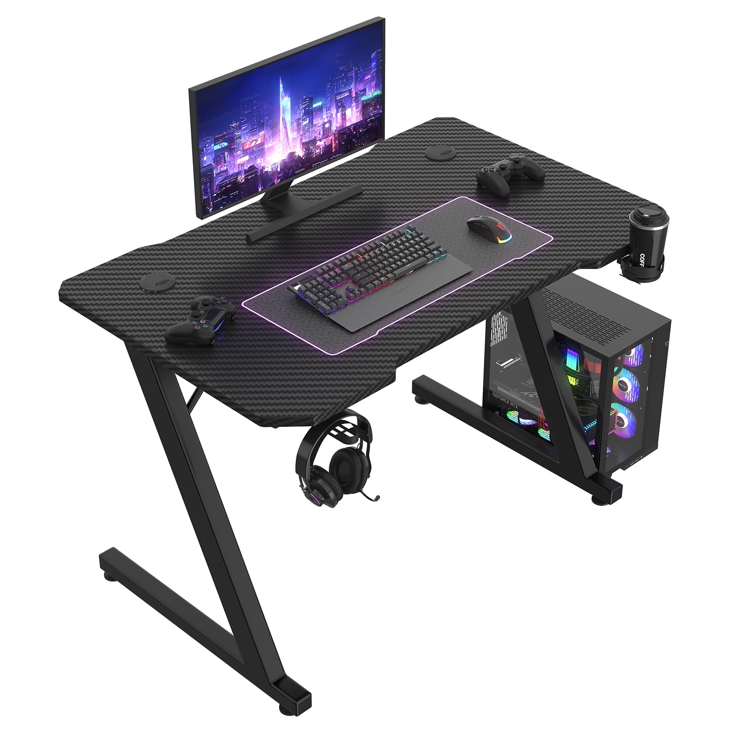 JUMMICO JUMMCO Gaming-Tisch, Gaming-Tisch mit Becherhalter und Headset-Halter, 2 professionelle Kabelführungslöcher, Tischplatte aus Kohlefaser, hochwertiges schwarzes Metallgestell 80x52 cm