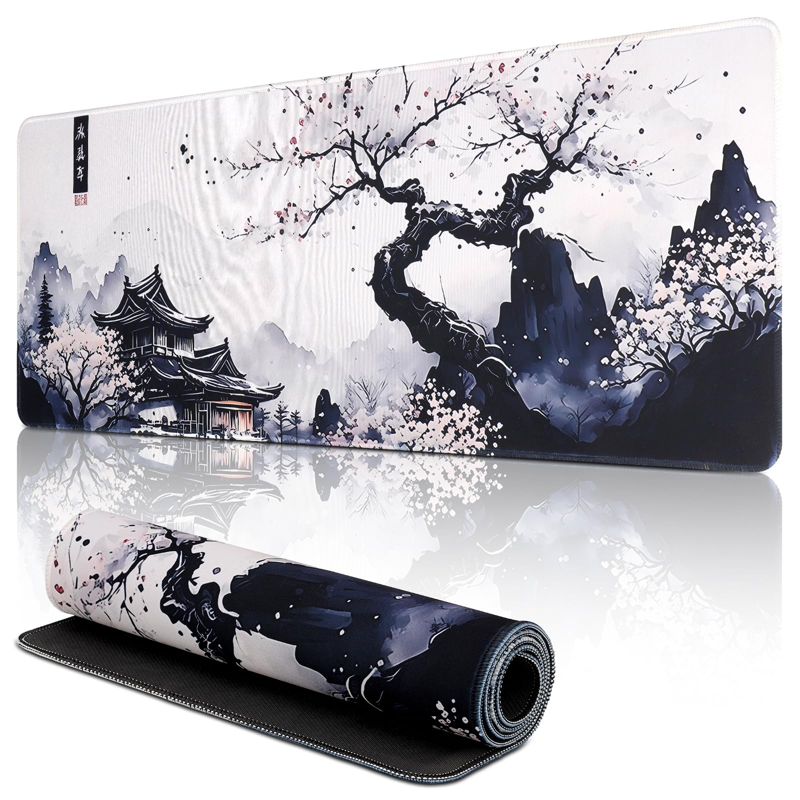 Gaming Mauspad 900 x 400mm - Mousepad XXL - rutschfeste Mauspad groß - verbessert die Präzision und Geschwindigkeit -(Ink Painting Black & White)