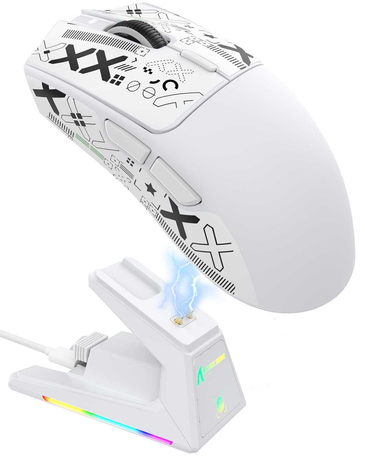 ATTACK SHARK X1 Gaming-Maus mit Magnetischer Ladestation, PixArt PAW3395PRO Gaming-Sensor, 40000 DPI, 49g Superlight-Maus, BT/2,4G Kabellos/Kabelgebunden, 100M-Mikroschalter für PC/Xbox/PS/Mac – Weiß