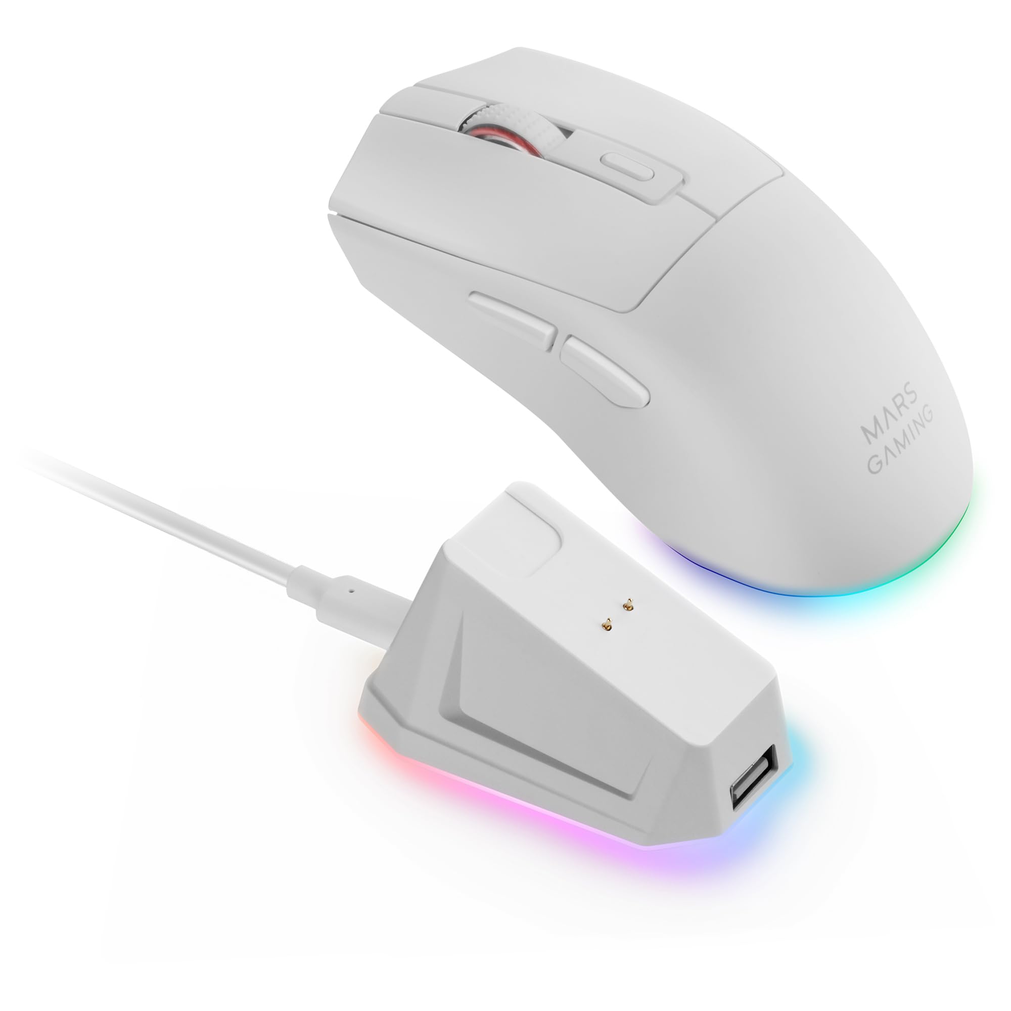 Mars Gaming MM‑T3, Ultralight Kabellose Maus, Bluetooth 5.0 + 2.4 GHz + Kabel, Optischer Sensor PIXART PAW3104PRO 14400 DPI, Magnetische RGB‑Ladestation, Huano Switches, Steuerungssoftware, Weiß