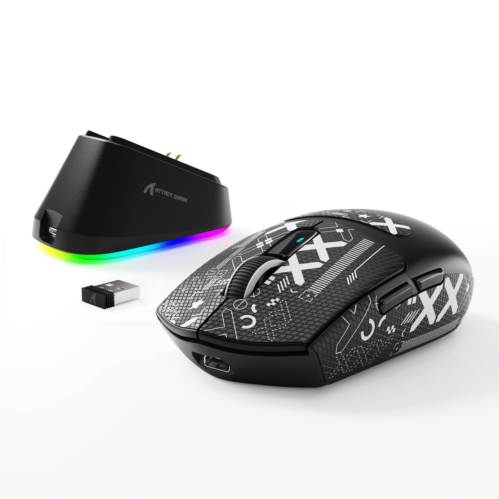 MAMBASNAKE x ATTACK SHARK G3PRO Gaming-Maus mit Magnetischer Ladestation, BT/2.4G Wireless/Kabel, PixArt PAW3311 Sensor, 59g leicht, 25000 DPI LIGHTSPEED Gamer Office-Mäuse für PC/Mac-Schwarz mit Tape