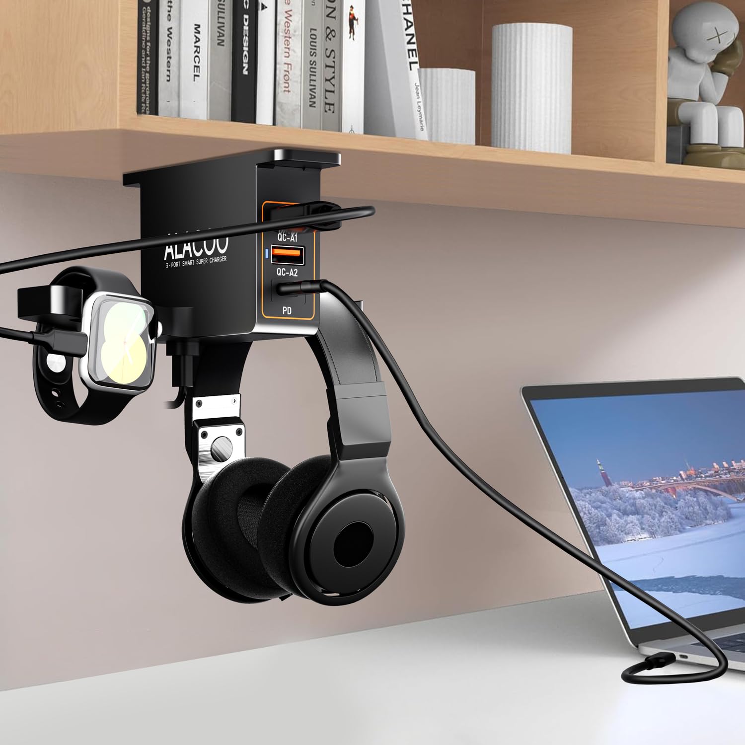 ALACOO Smartwatch & Headset Halterung Doppelter Kopfhörer Ständer mit 3-Port-USB-Ladefunktion (20W PD & QC3.0) für Unter dem Schreibtisch, Selbstklebend Kopfhörerständer für Gaming Headset Zubehör