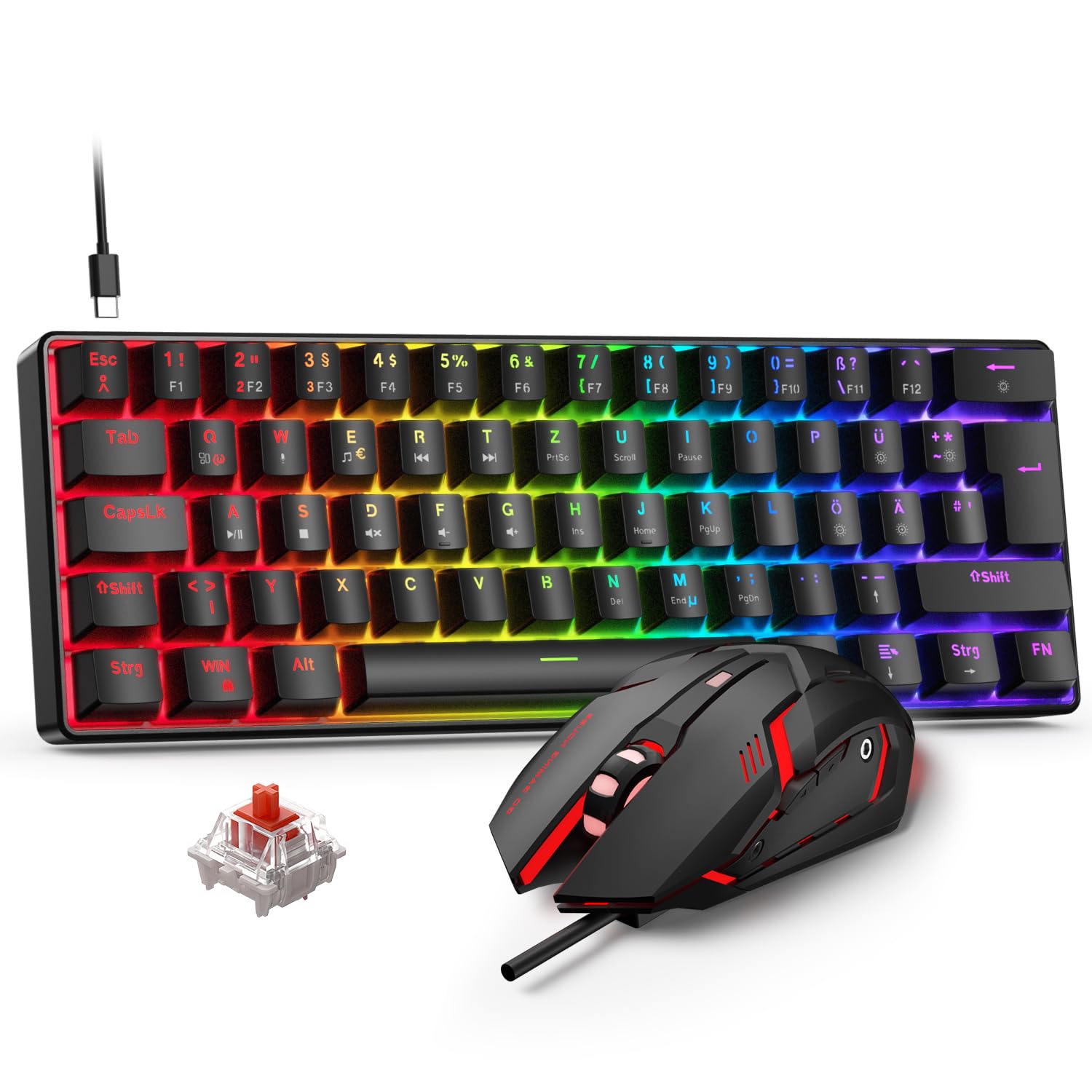 Gaming Tastatur und Maus Set, 60% QWERTZ Layout Mini Mechanische Tastatur mit RGB Beleuchtete, Red Switches, USB-C Kabelgebunden, 4 Farben LED Gaming Maus, Kompaktes Set für PC Mac Xbox PS5