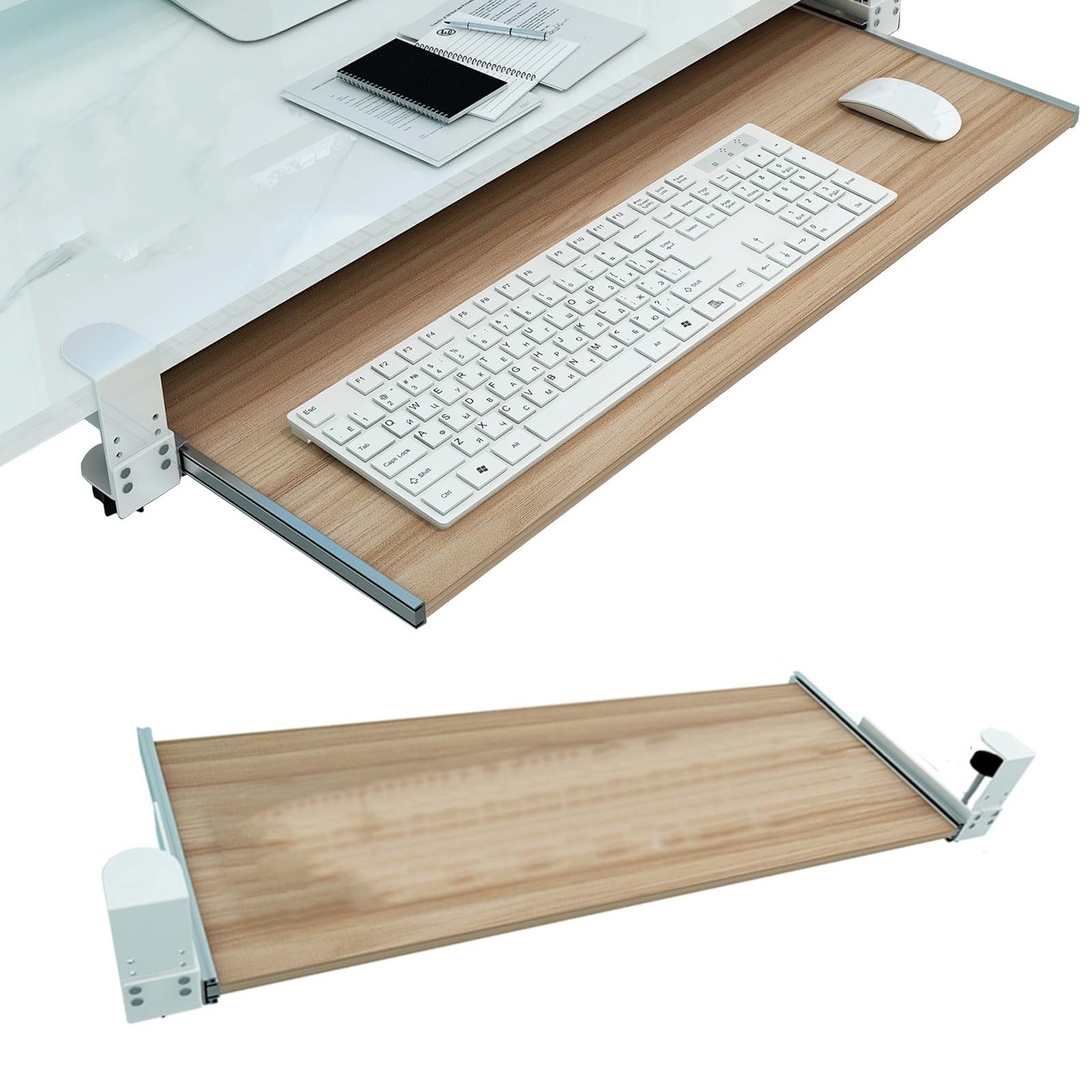 Verstellbare Tastaturablage und Maus-Plattform, 55/65/75 x 30 cm, Computer-Schublade für ergonomisches Tippen, Walnussholz-Finish, perfekt für Heimbüro und Gaming-Setup