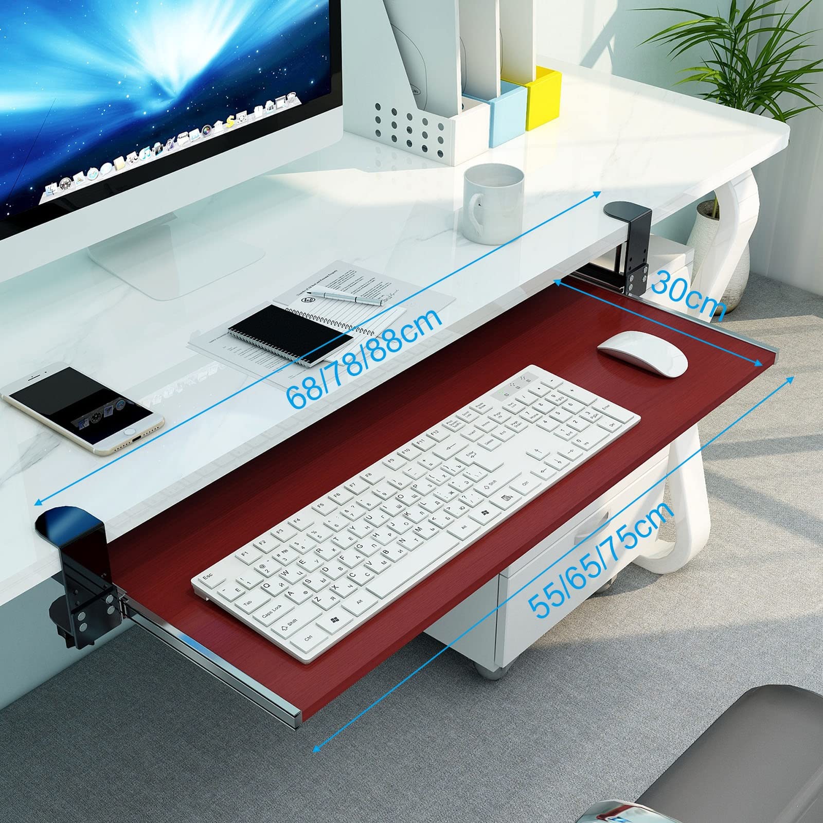 Ergonomische Schreibtischverlängerung – verstellbare ausziehbare Tastaturablage mit Handgelenkstütze, rote Maus-Plattform, 75 x 30 cm, ideal für Heimbüro und Gaming-Setup