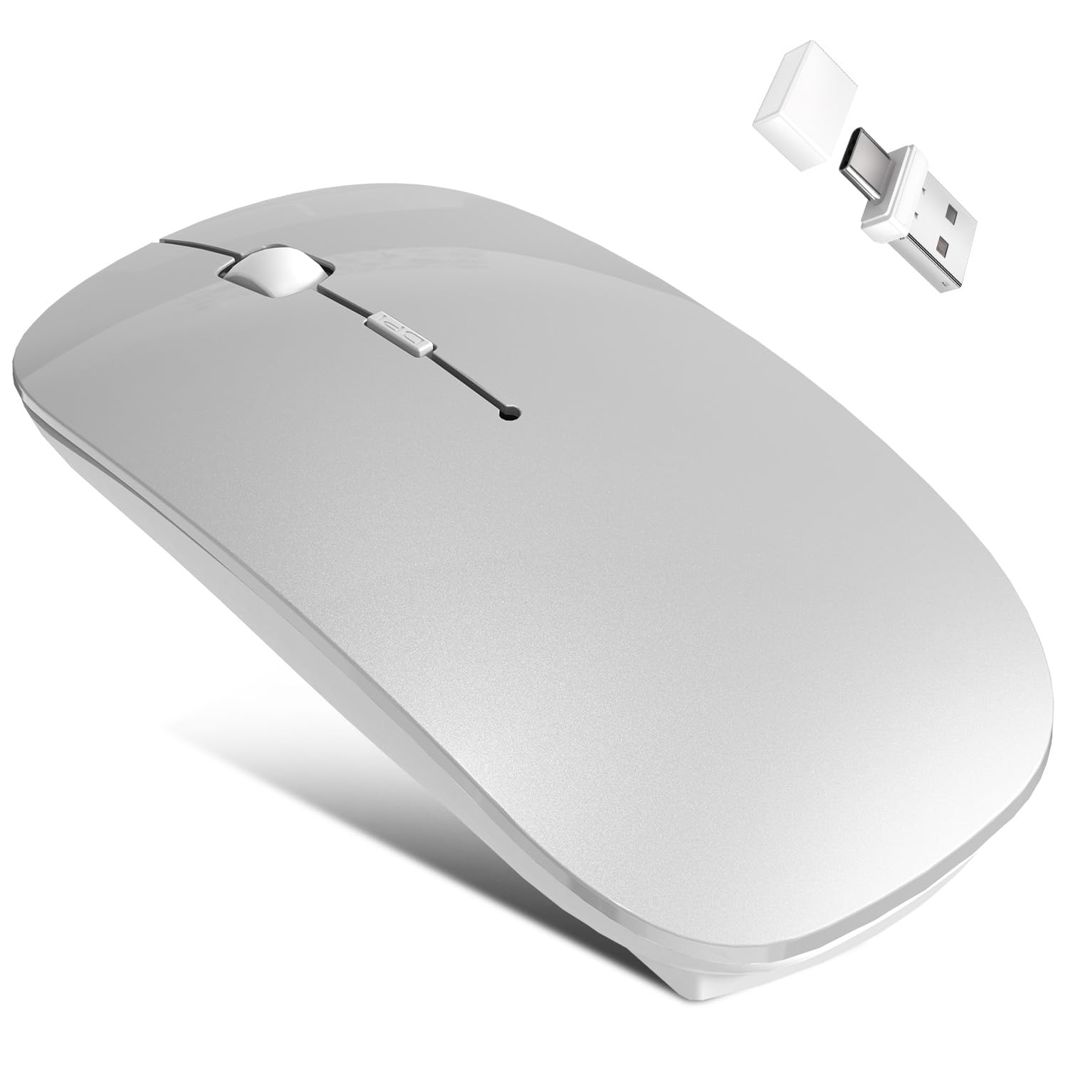 Kabellose Maus mit Jiggler-Modus – Bluetooth 5.2 & 2.4G Funk, für Laptop, PC, iOS, Android, iPad & Windows, 7-farbige LED & 1600 DPI optisch (Ohne RGB, Silbern)