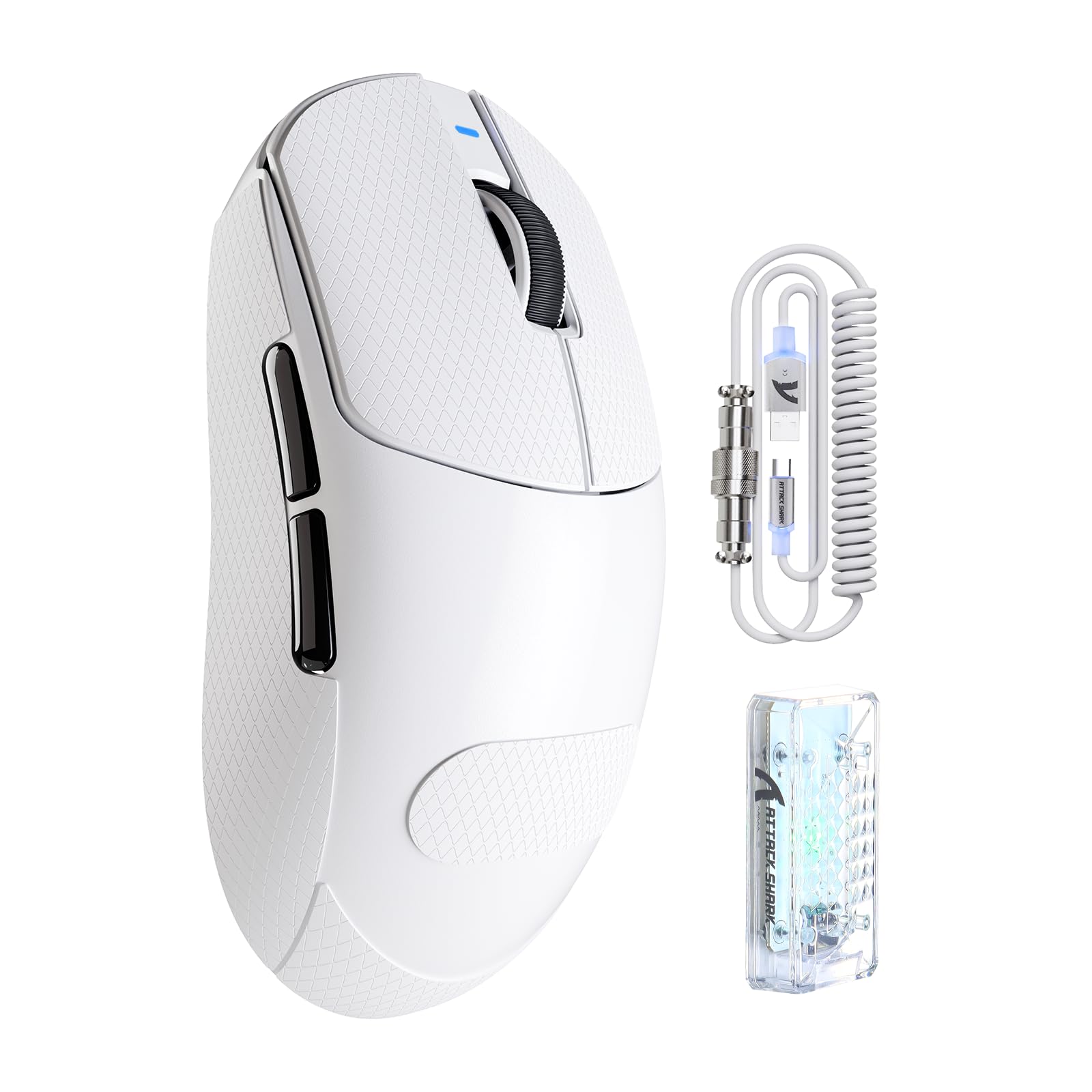 ATTACK SHARK X8PRO 55g ultraleichte Kabellose Gaming-Maus mit Spiralkabel & Griffband, Mittelgroße/Große Hände, 8K-Polling Rate, 2,4 G/Wied/BT, 500 mAh, 40K DPI, Optischer Sensor PAW3395 - Weiß