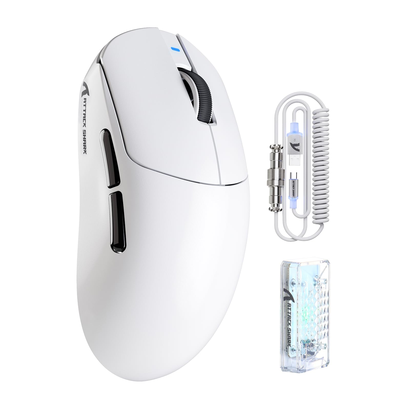 ATTACK SHARK X8PRO 55g ultraleichte Kabellose Gaming-Maus mit Spiralkabel, Mittelgroße/Große Hände, 8K-Polling Rate, Tri-Mode 2,4 G/Wied/BT, 500 mAh, 40.000DPI, Optischer Sensor PAW3395 - Weiß