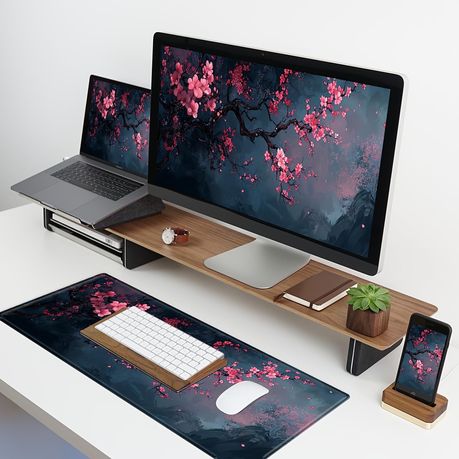 Cherry Blossom Gaming-Mauspad, erweitert, große Schreibtischunterlage, rosa Blume, Mauspad mit rutschfester Unterseite und genähten Kanten, für Arbeit, Gaming, Büro, 30 x 80 cm