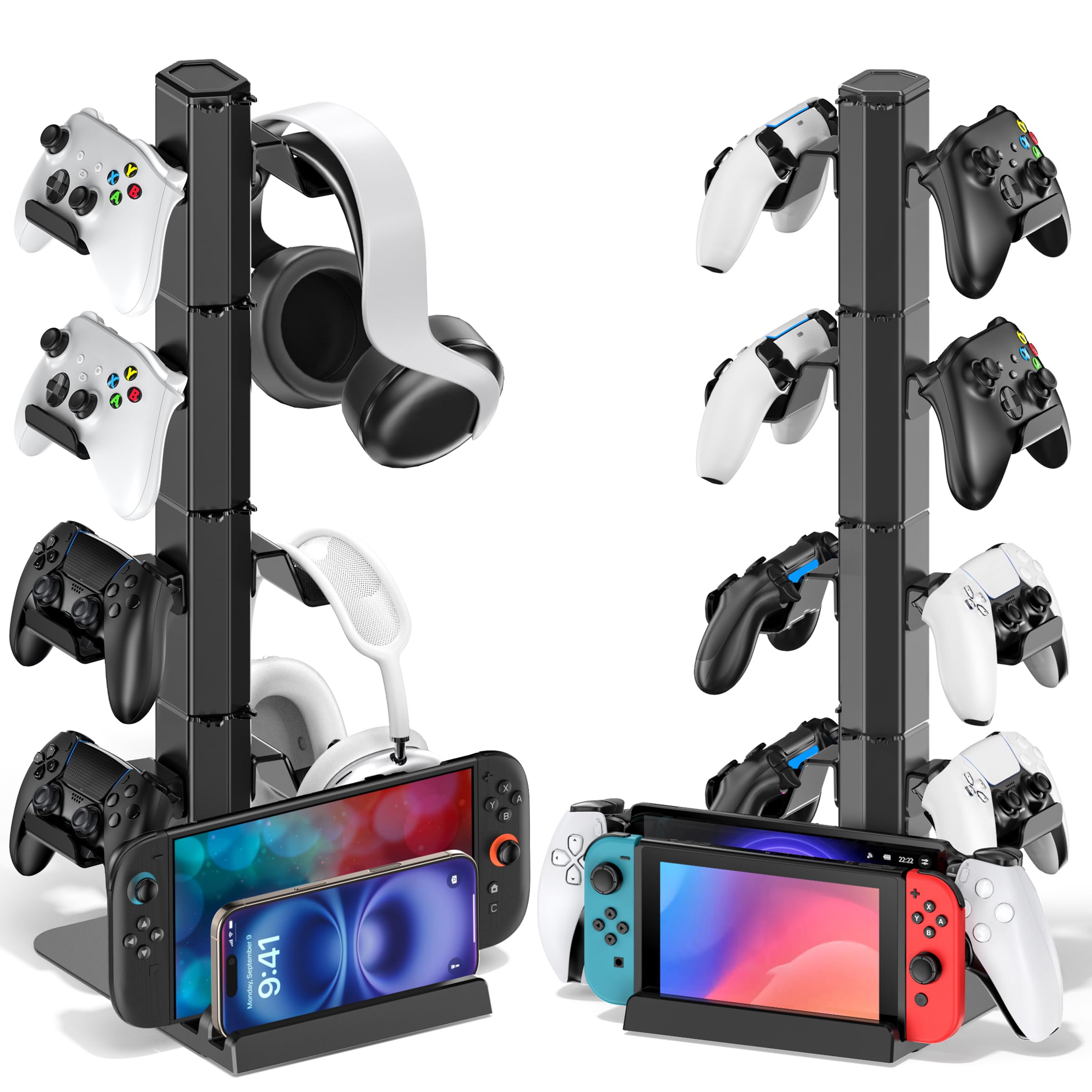Gaming Deko Headset Halterung & Controller Halter, 4 Ebene Kopfhörer Halter mit Abnehmbarer Haken und Kabel Organisator für Fernbedienungen, Controller Ständer Aufbewahrung für PS5/Xbox/Switch