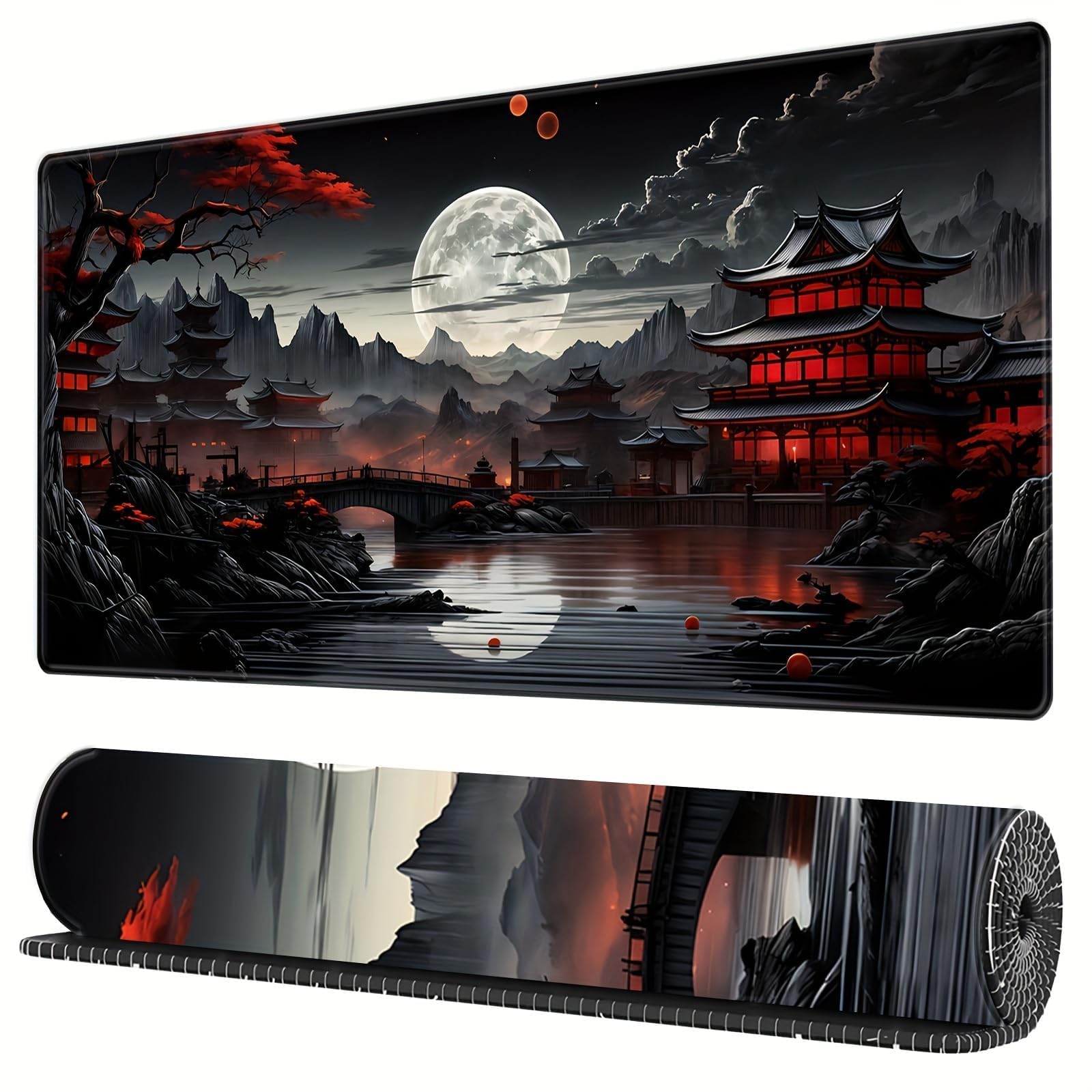 Japanische Schreibtischunterlage, Vollmond-Schreibtischunterlage, Schwarz/Rot, großes Mauspad, Gaming-Mauspad, erweiterter Laptop, Computer, Maus, Tastaturmatte, 30 x 80 cm