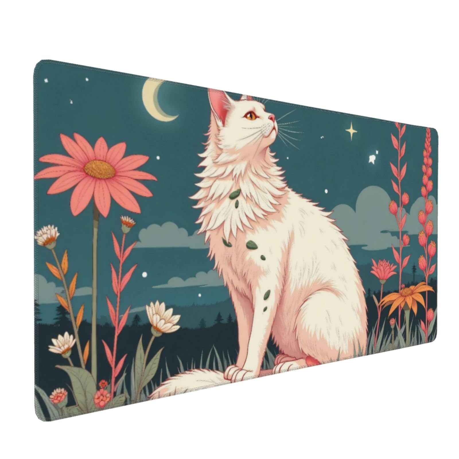 Großes Gaming-Mauspad, elegantes weißes Katzendruck, Schreibtisch-Tastatur-Pad, rutschfeste Schreibtischunterlage für Desktop-Tastatur und Maus, Mauspad für Büro, Heimzubehör, 40,6 x 80,9 cm