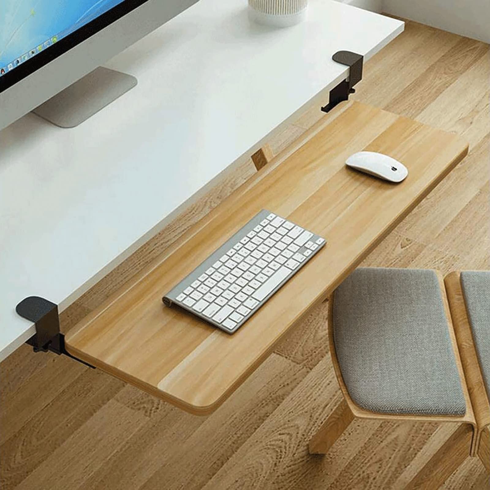 Ergonomische Untertisch-Tastaturablage, Naturholz, ausziehbare Plattform für Tastatur und Maus, verstellbare Klemmschublade, 65 x 25 cm, perfekt für Heimbüro und Gaming-Setup