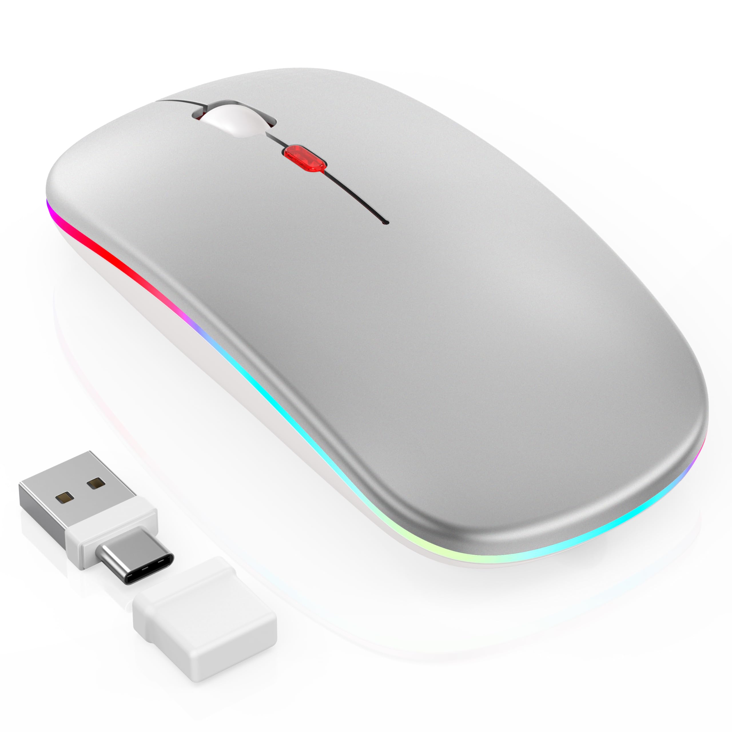 Kabellose Maus mit Jiggler-Modus – Bluetooth 5.2 & 2.4G Funk, für Laptop, PC, iOS, Android, iPad & Windows, 7-farbige LED & 1600 DPI optisch (Jiggler Modus, Silbern)