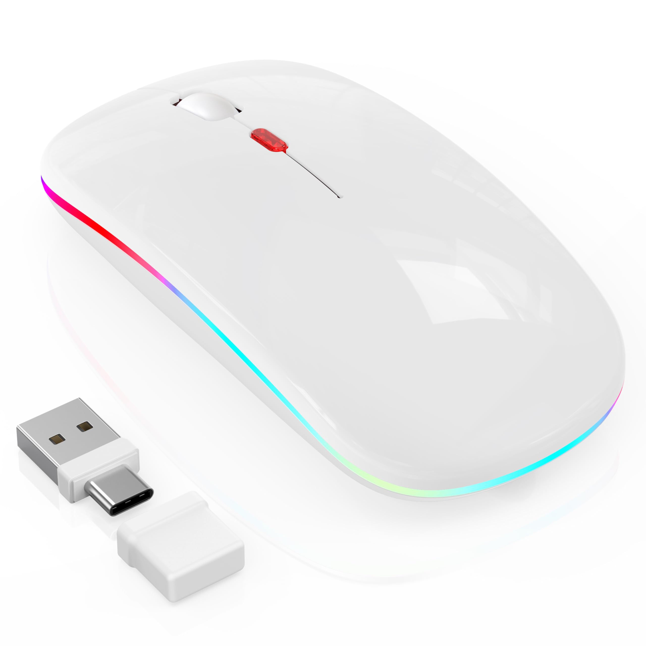 Kabellose Maus mit Jiggler-Modus – Bluetooth 5.2 & 2.4G Funk, für Laptop, PC, iOS, Android, iPad & Windows, 7-farbige LED & 1600 DPI optisch (Jiggler Modus, Weiß)