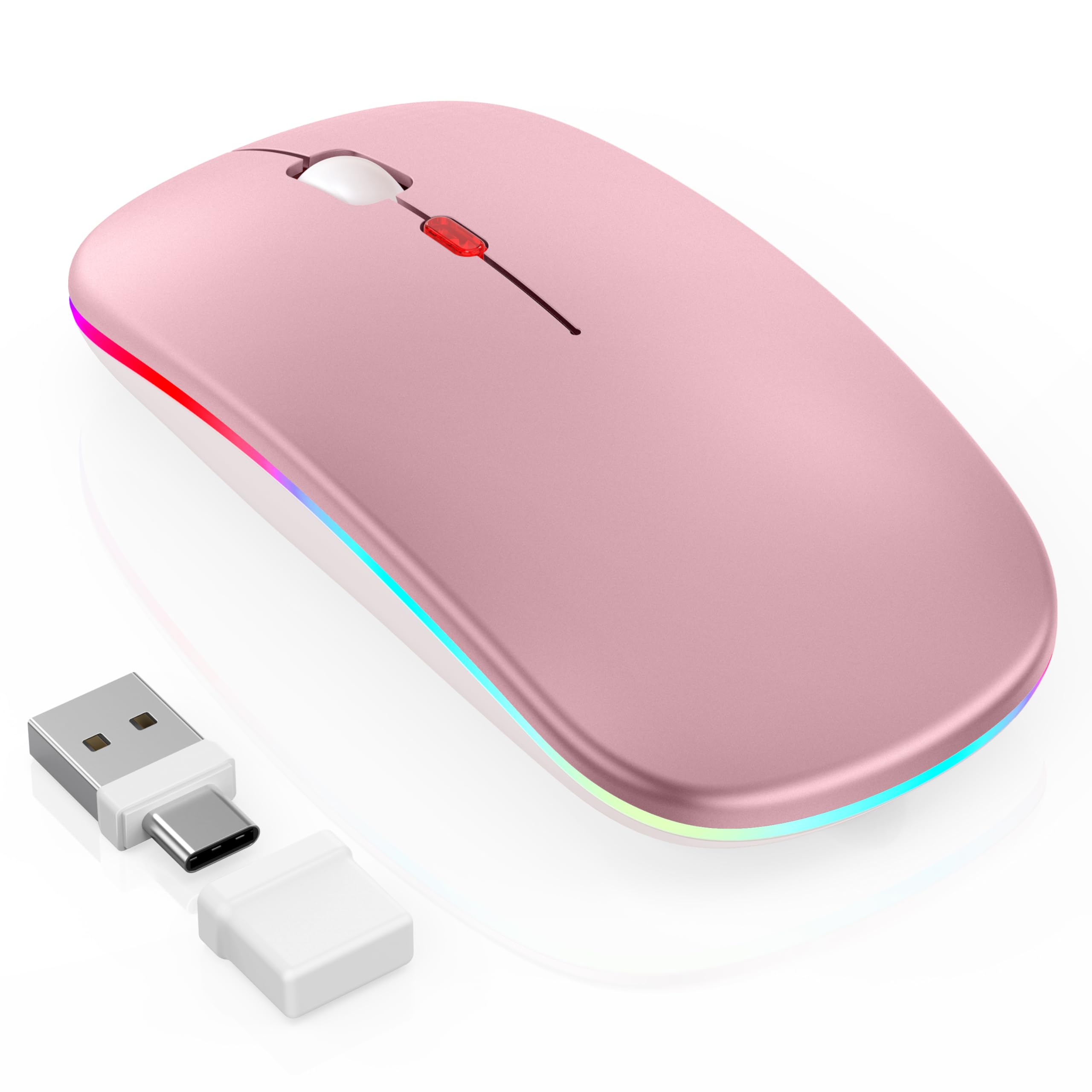 Kabellose Maus mit Jiggler-Modus – Bluetooth 5.2 & 2.4G Funk, für Laptop, PC, iOS, Android, iPad & Windows, 7-farbige LED & 1600 DPI optisch (Jiggler Modus, Roségold)