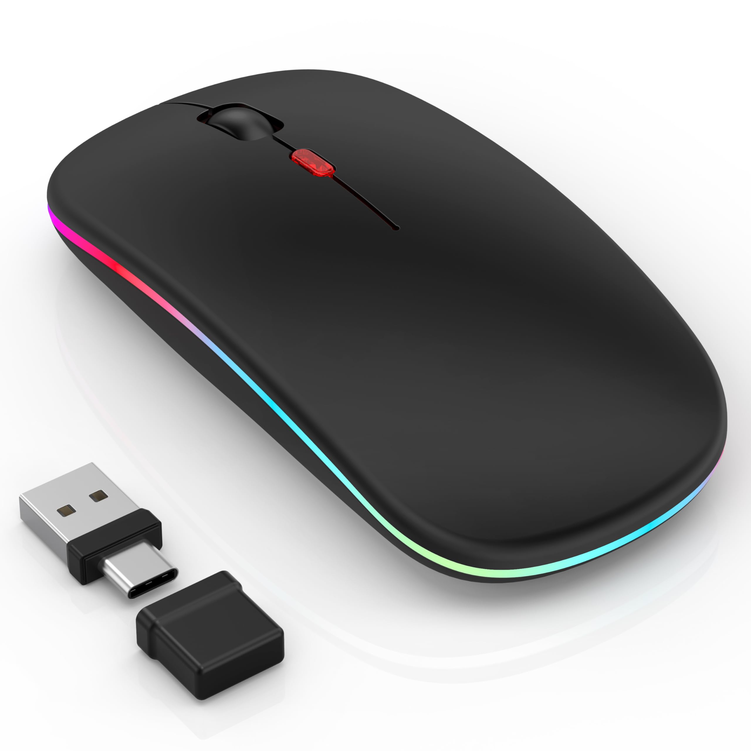 Kabellose Maus mit Jiggler-Modus – Bluetooth 5.2 & 2.4G Funk, für Laptop, PC, iOS, Android, iPad & Windows, 7-farbige LED & 1600 DPI optisch (Jiggler Modus, Schwarz)