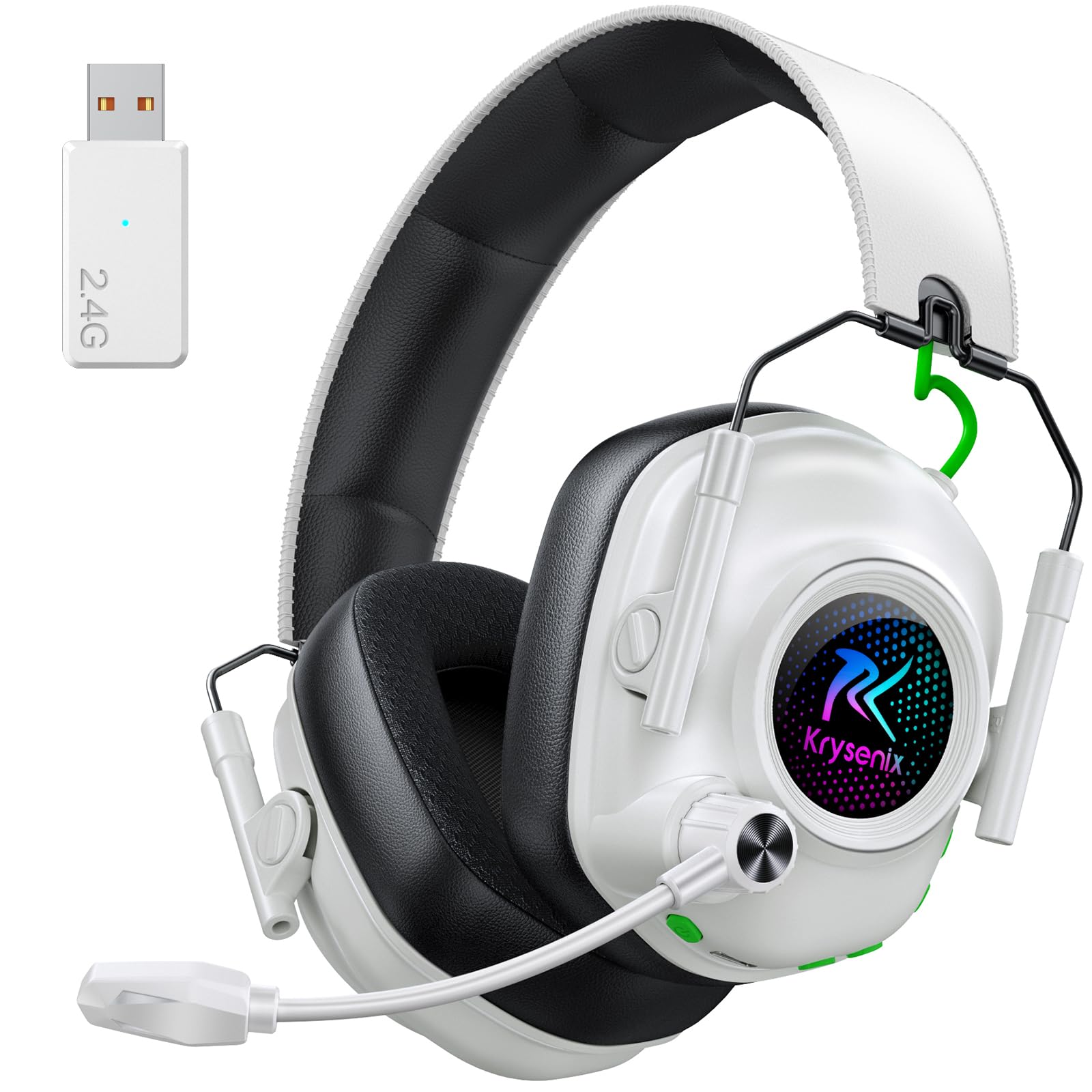 Krysenix KGH2 Gaming Headset Wireless für PS4, PS5, PC, Mac, Switch, 2.4GHz Faltbares Kabelloses Headset mit Mikrofon&LED, 40H Akkulaufzeit, Reines Weiß