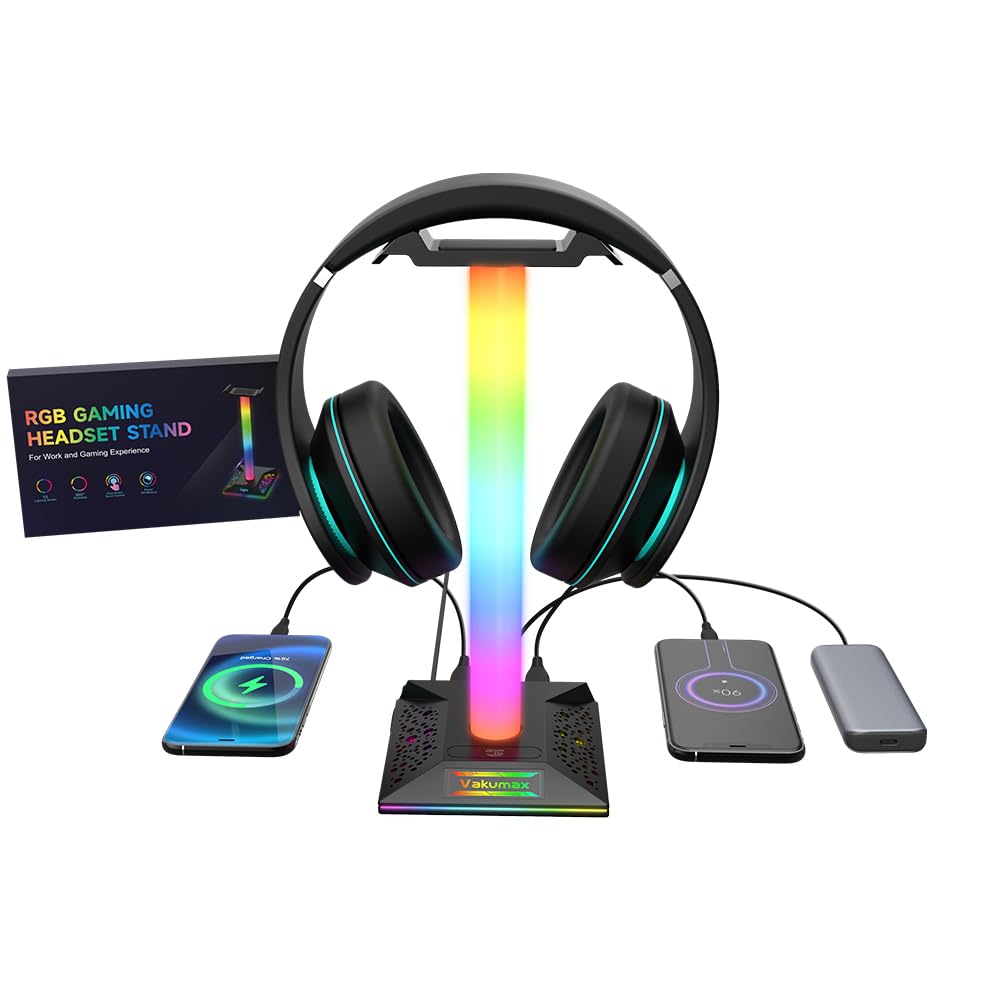 RGB-PC-Gaming-Headset-Ständer mit Lade-Hub – 3 Anschlüsse (USB/Tpye-C-Ladeanschluss), Kopfhörerhalter mit 10 Farbmodi, Touch-Steuerung, Schreibtisch-Organizer und Kabelmanagement