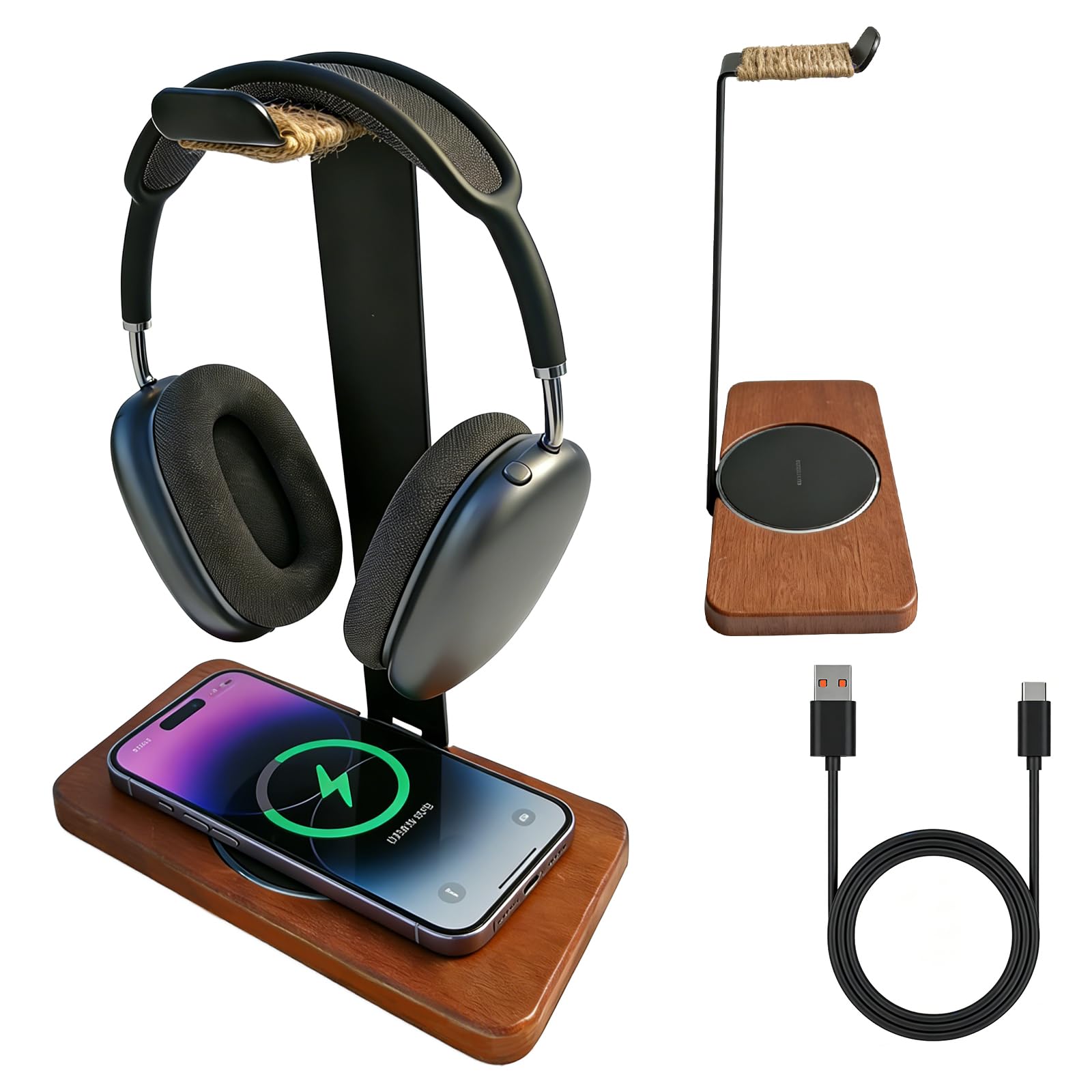 Massiver hölzerner Kopfhörer-Halter, universeller Headset-Ständer mit kabellosem Ladegerät, max. 15 W für Schreibtisch, kabelloses Ladegerät, Kopfhörerhalter für Gaming-Schreibtisch, kompatibel mit